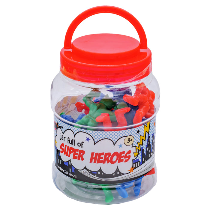 The Toysmith Jar Full of Super Heroes is a clear plastic jar with red lid and handle, packed with colorful superhero action figures for imaginative play. The label features comic-style graphics, perfect for creative role-playing adventures.