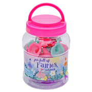 The Toysmith Jar Full of Fairies features a clear plastic jar with a pink lid and handle, filled with colorful fairy figures. Its whimsical, floral label from Toysmith invites kids to enjoy magical playtime with fairy friends inside.
