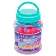 The Toysmith Jar Full of Ponies includes colorful pony figures in a clear plastic jar with a teal lid and handle. Its label features pastel illustrations and the words “Jar Full of Ponies and Friends”—perfect for imaginative play.