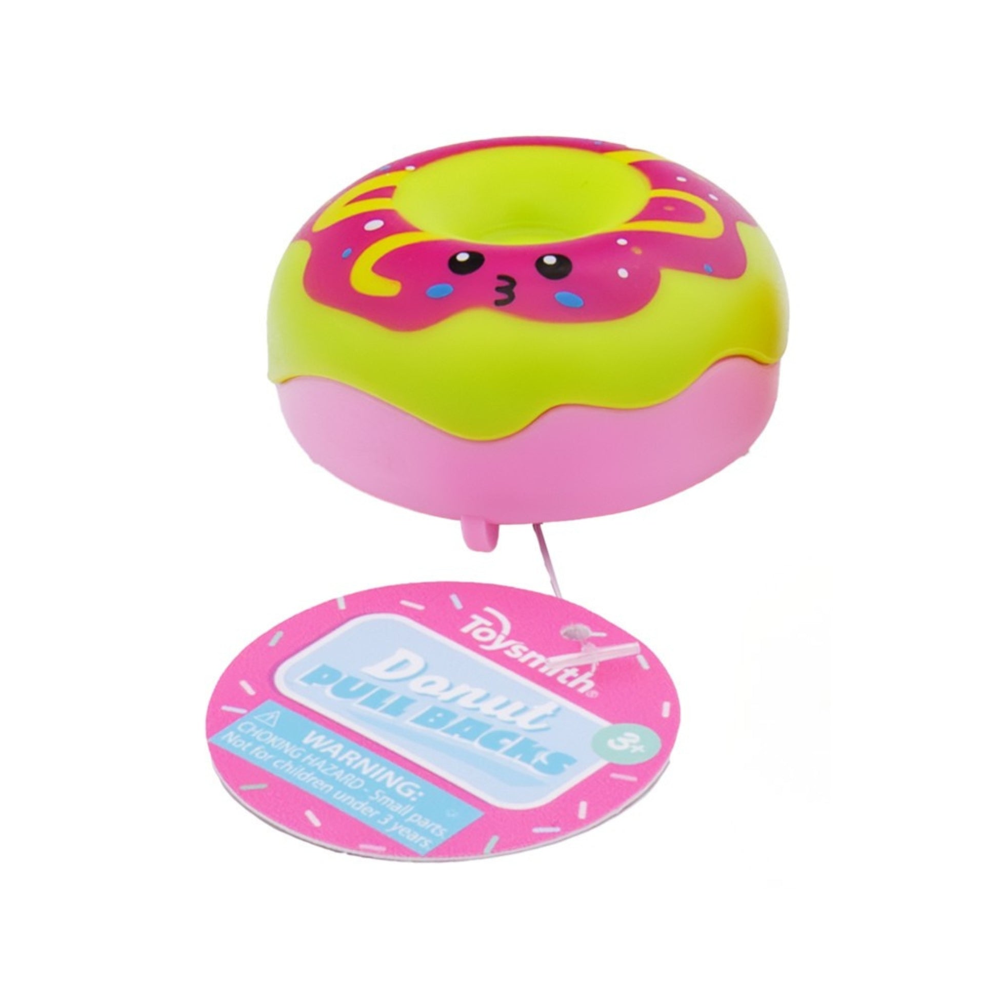 The Toysmith Colorful Donut Pull-Back is a vibrant toy doughnut with pink and yellow icing, cute eyes, a small smile, and comes on a round tag labeled "Donut Pull-Backs" by Toysmith.
