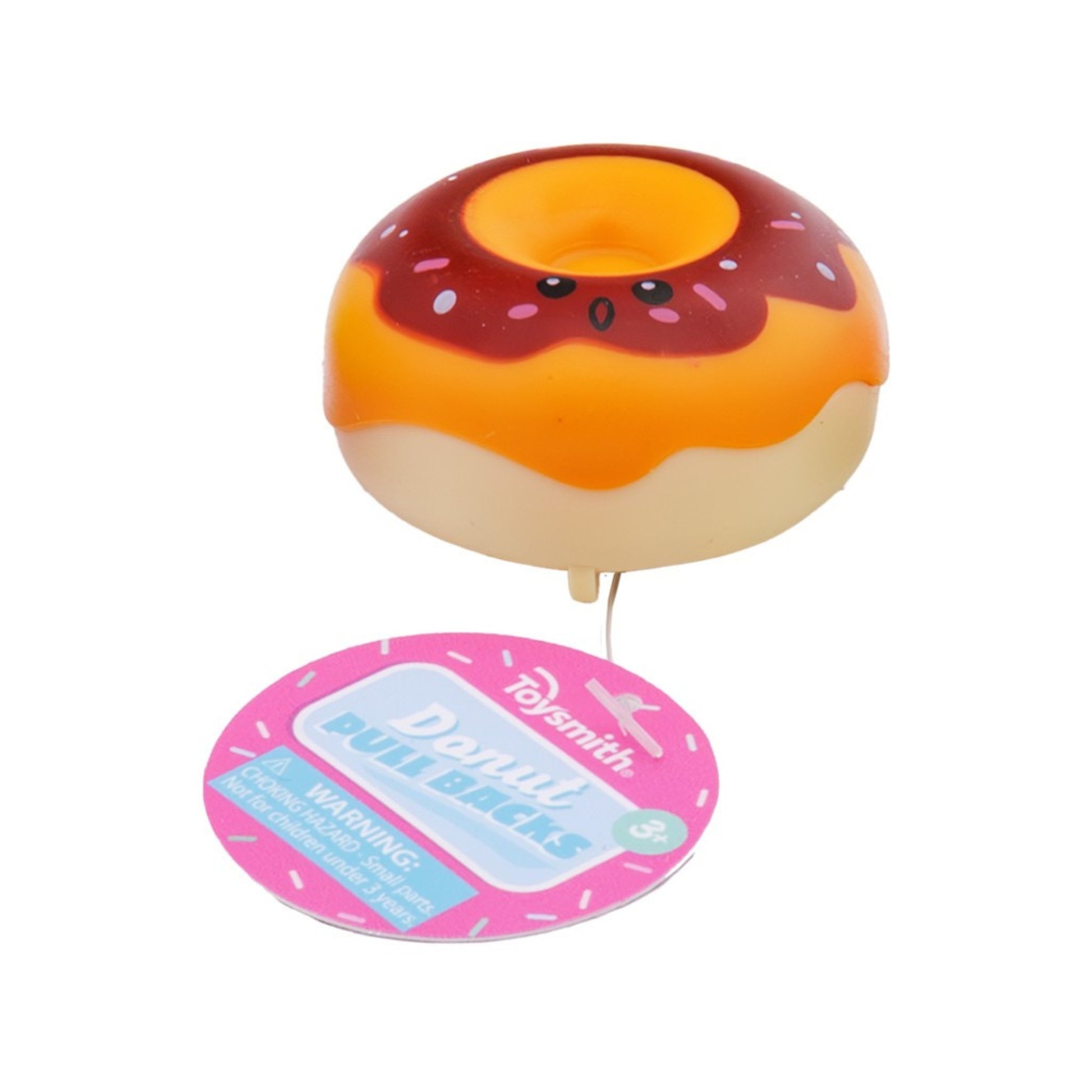 The Toysmith Colorful Donut Pull-Back is a toy donut with orange and brown frosting, a cute face, and a pink tag. Made by Toysmith, it’s suitable for ages 3 and up.