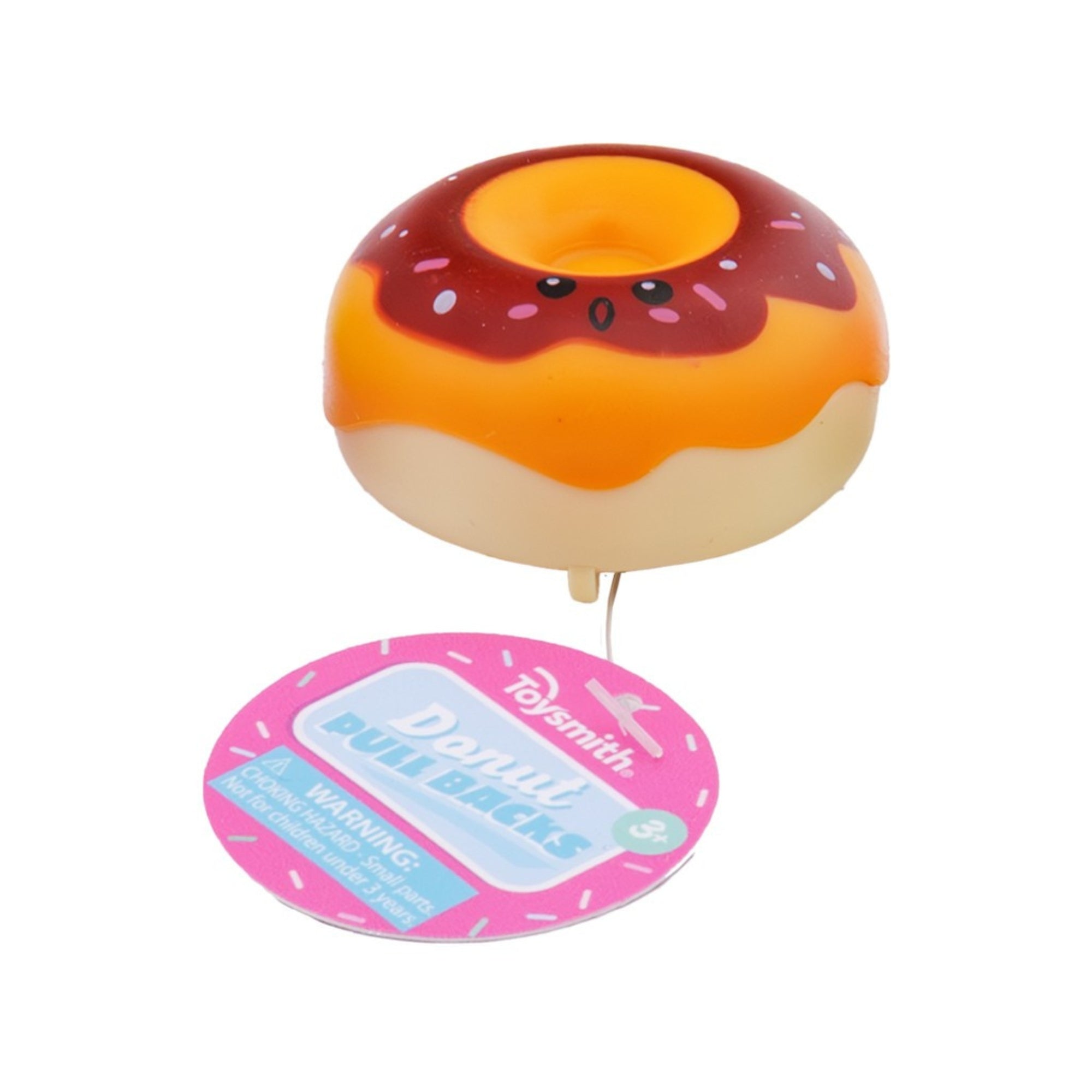 The Toysmith Colorful Donut Pull-Back is a toy donut with orange and brown frosting, a cute face, and a pink tag. Made by Toysmith, it’s suitable for ages 3 and up.