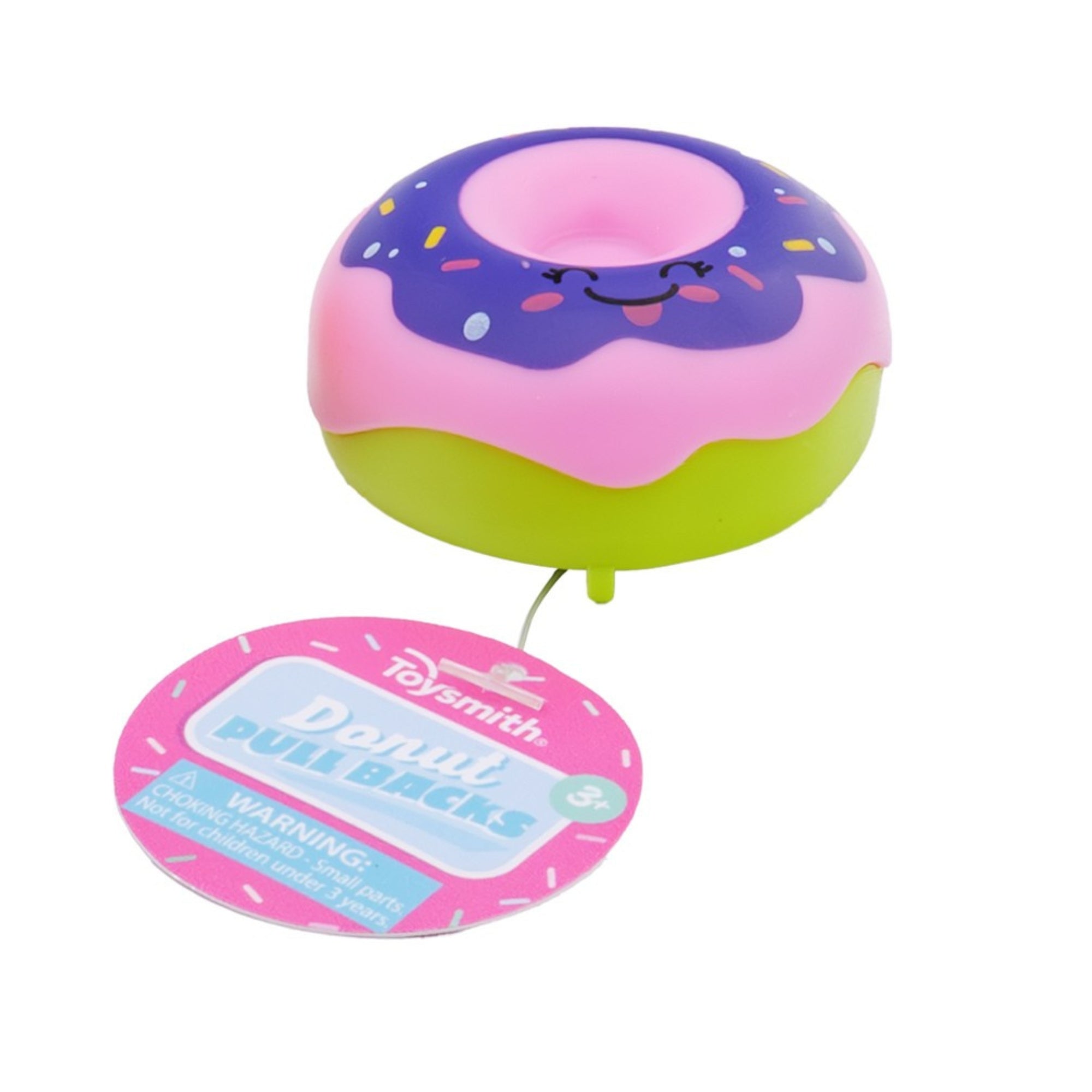 The Toysmith Colorful Donut Pull-Back is a donut-shaped toy with purple and pink icing, sprinkles, and a smiling face. It includes a Toysmith tag and is suitable for children ages 3 and up.