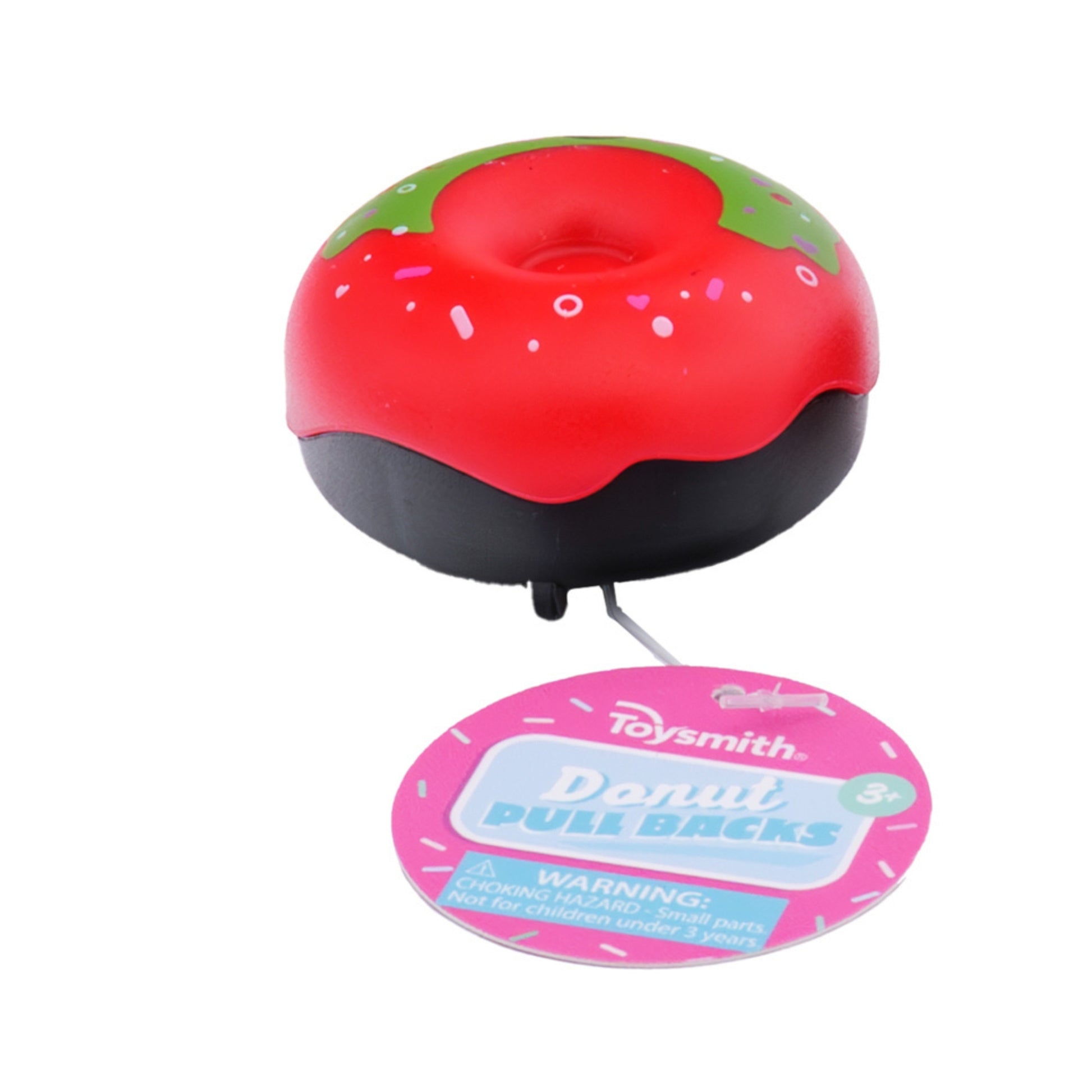 A red and brown donut-shaped Toysmith Colorful Donut Pull-Back with green sprinkles features a round tag warning it's not for children under 3 years old.