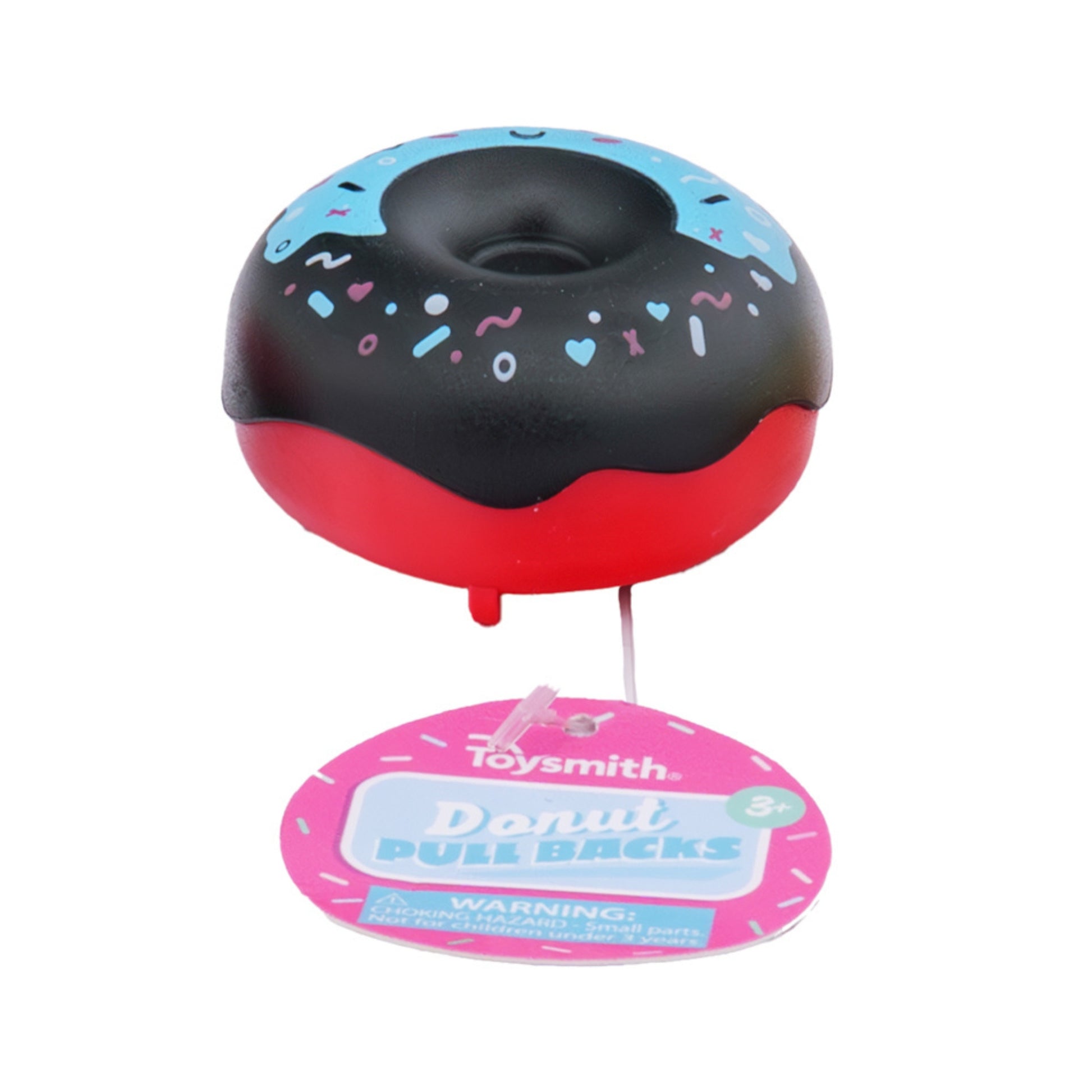 A Toysmith Colorful Donut Pull-Back toy shaped like a chocolate-frosted donut with blue icing, colorful sprinkles, and a red base. Suitable for ages 3+.