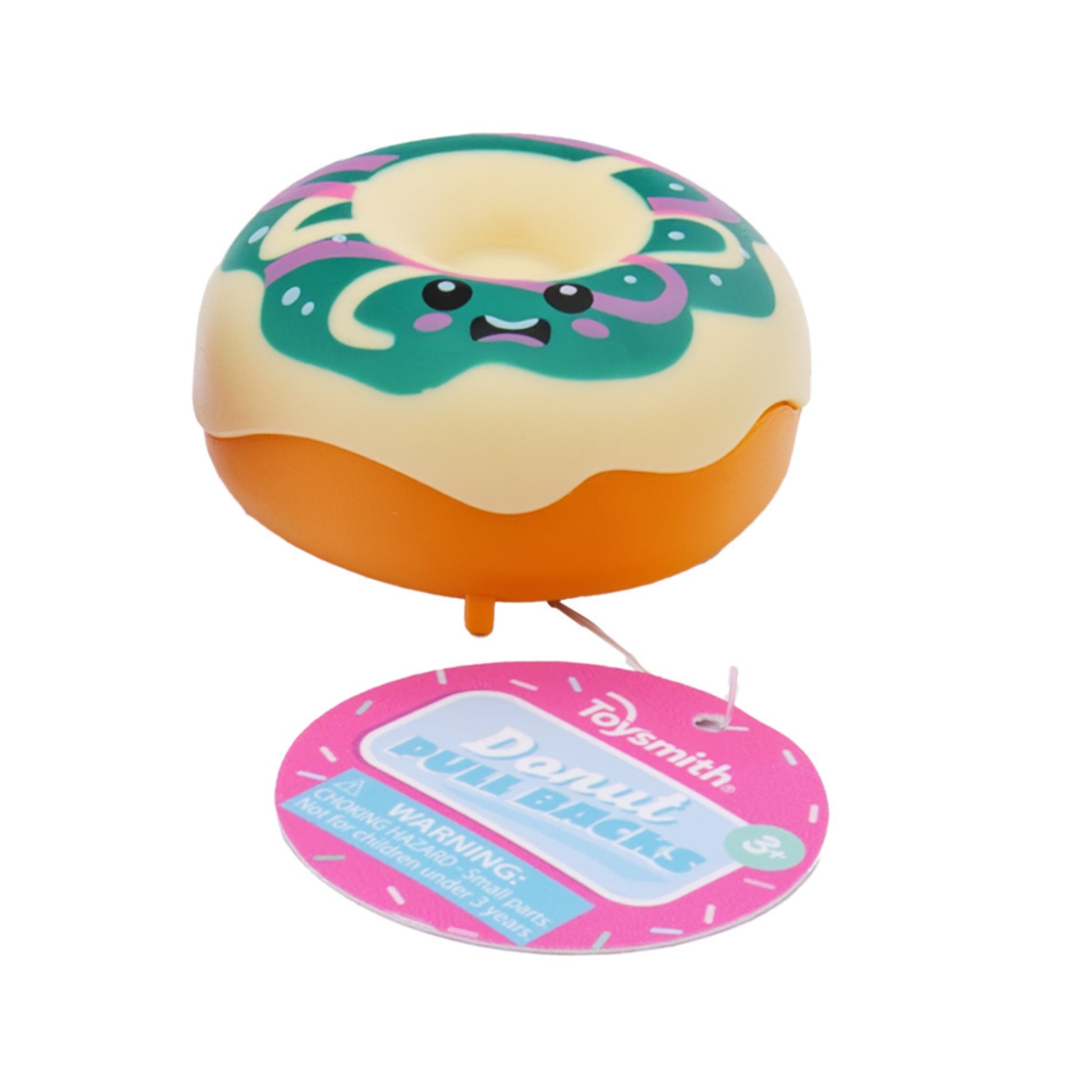The Toysmith Colorful Donut Pull-Back is a toy donut with a smiling face, green and white frosting, sprinkles, and a pull-back feature. It includes a pink tag and is suitable for ages 3+.