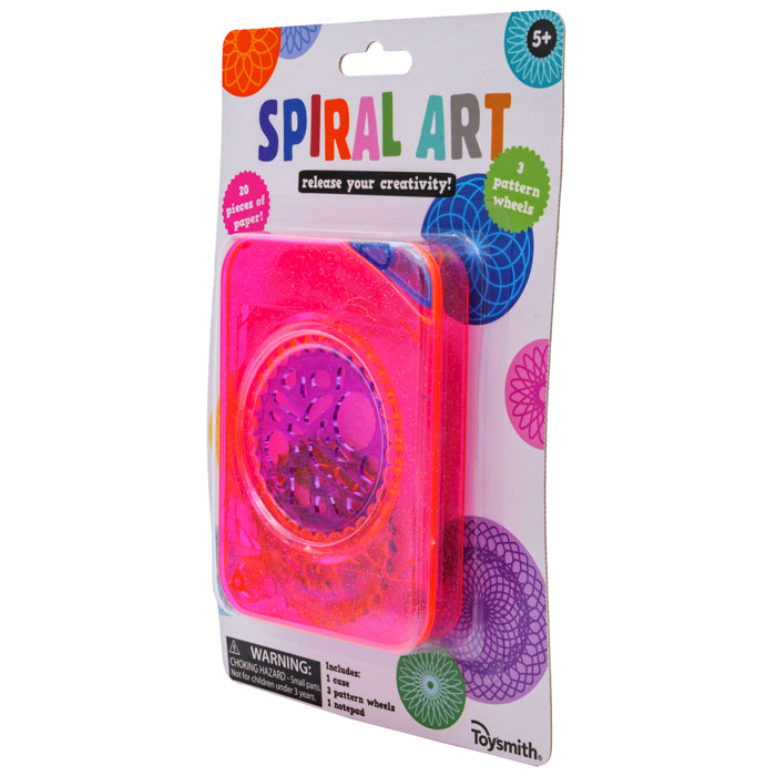 The Toysmith Spiral Art kit by Toysmith includes a pink plastic drawing tool, 20 sheets of paper, and 3 pattern wheels in colorful “Spiral Art” packaging—an ideal creative set for kids ages 5 and up.