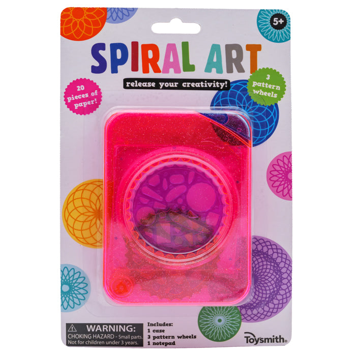 The Toysmith Spiral Art set by Toysmith includes a pink creative kit with a clear case, three pattern wheels, a notepad, and comes on a colorful card labeled "Spiral Art: release your creativity!" Ideal drawing toy for kids ages 5+.