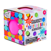 The Toysmith Squeezy Fortune Ball comes in a colorful polka dot box, featuring a pink squishy ball and “ask it anything” messaging. Suitable for ages 5+, with a small parts warning. Brand: Toysmith.
