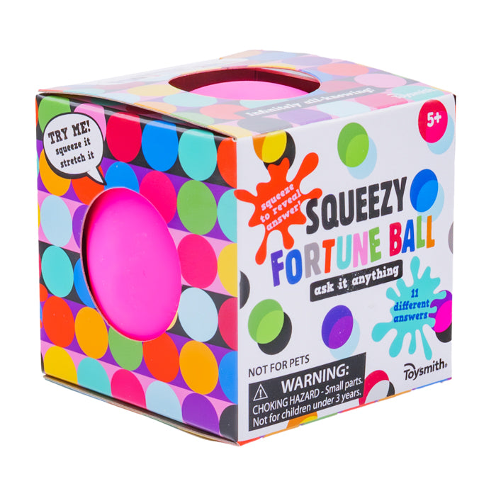 The Toysmith Squeezy Fortune Ball comes in a colorful polka dot box, featuring a pink squishy ball and “ask it anything” messaging. Suitable for ages 5+, with a small parts warning. Brand: Toysmith.