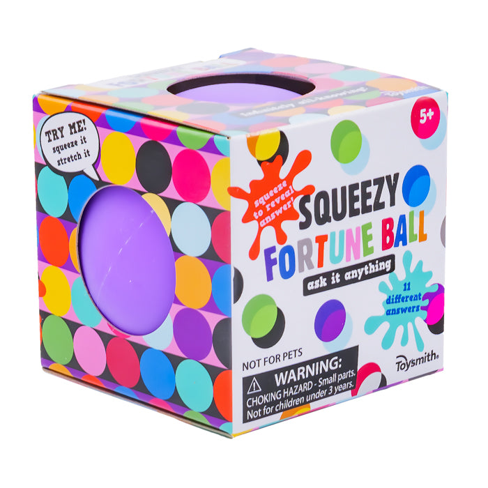 A vibrant Toysmith Squeezy Fortune Ball box displays a purple squishy toy through a circular window, with colorful dots, age warnings, and text inviting users to squeeze and stretch this fun fidget toy for answers.