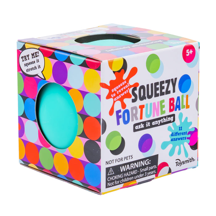 A colorful Toysmith Squeezy Fortune Ball box with a turquoise fidget toy seen through a round window, playful dots, age warnings, and fun prompts to ask questions for answers. Brand: Toysmith.