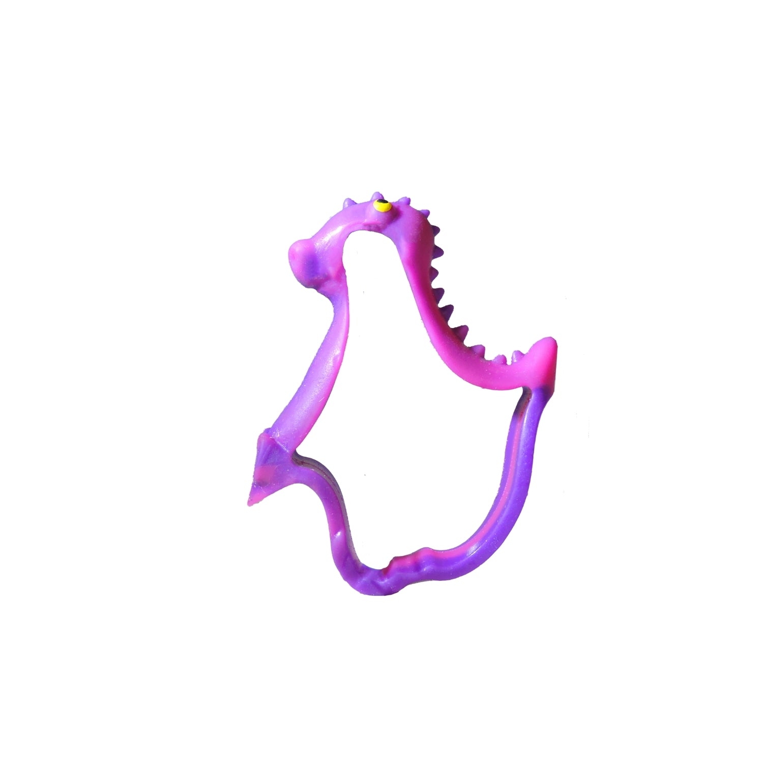 The Sensory Lab Morph N' Bracelet by Sensory Lab is a pink and purple dinosaur-shaped plastic fidget toy with a yellow eye dot, designed for sensory play and isolated on a white background.