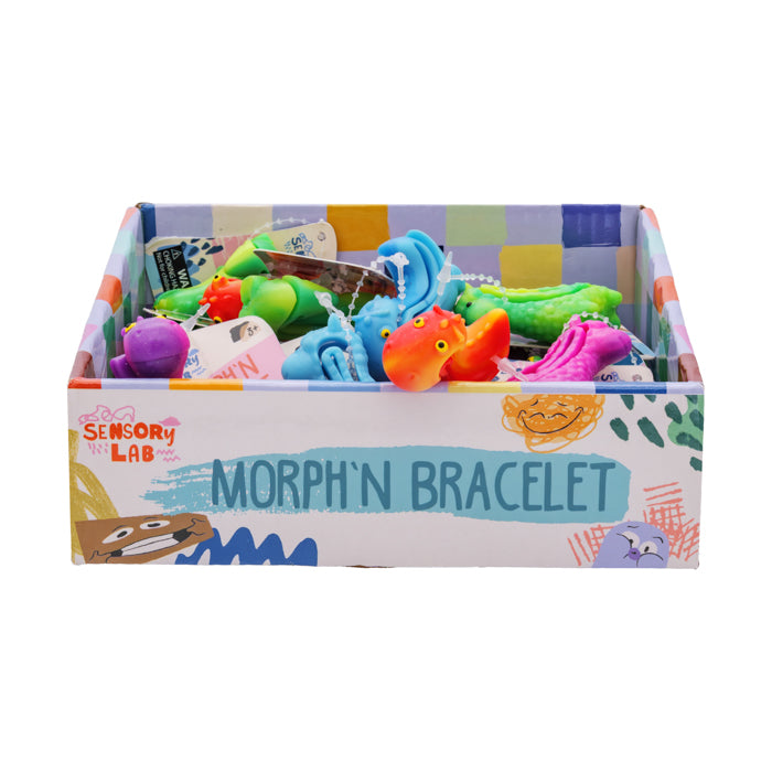 The Sensory Lab Morphin' Bracelet by Sensory Lab is a colorful box of bright, stretchy animal-shaped bracelets that double as wearable fidget toys—ideal for tactile fun in assorted colors and textures.