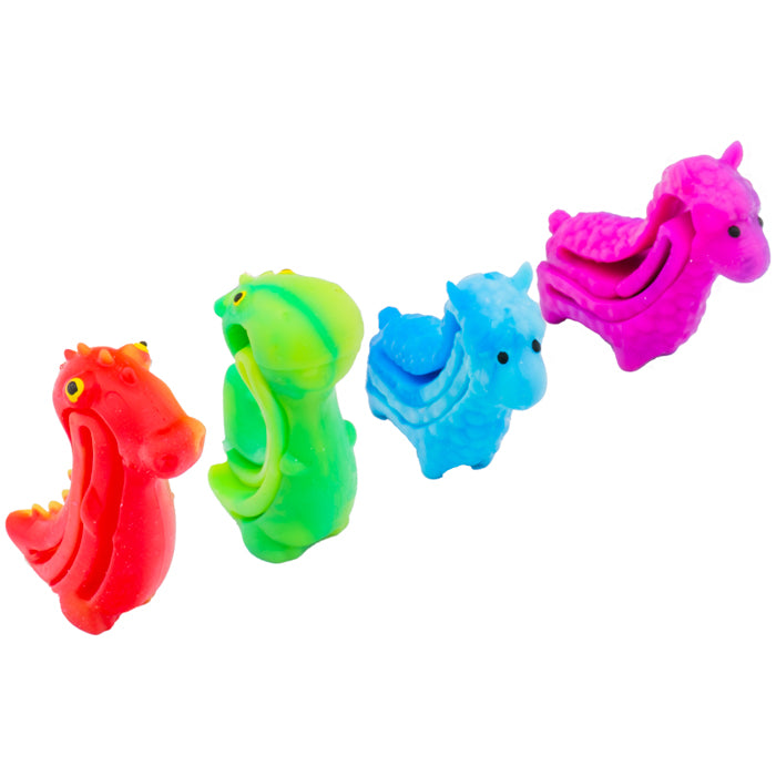 Four colorful animal-shaped erasers—red dragon, green dinosaur, blue alpaca, and purple alpaca—are lined up on a white background, perfect as fun desk accessories or for pairing with your Sensory Lab Morphin' Bracelet by Sensory Lab.