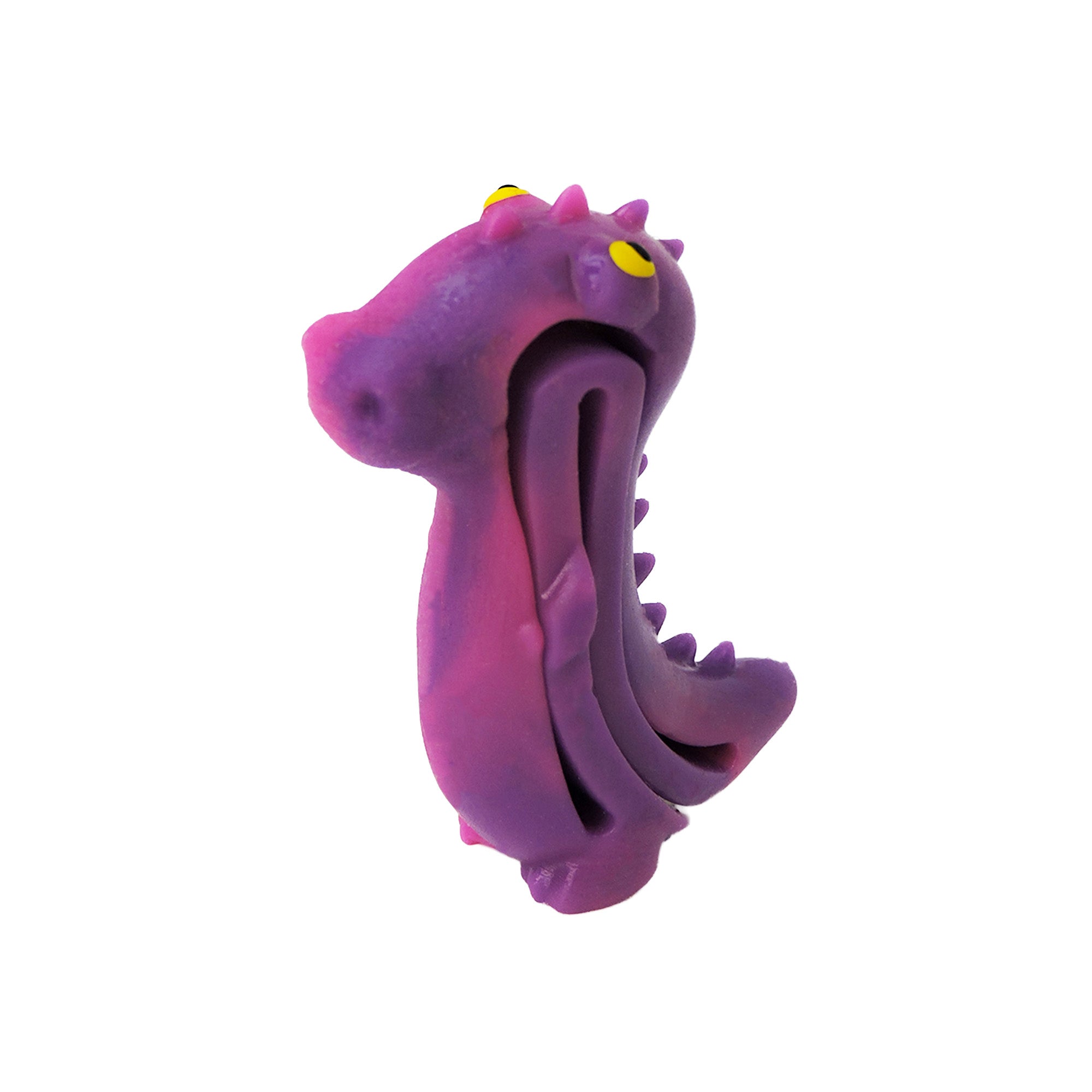 The Sensory Lab Morph N' Bracelet by Sensory Lab is a purple, dragon-shaped sensory dog toy with yellow eyes, small back spikes, and a large open mouth, displayed on a plain white background.
