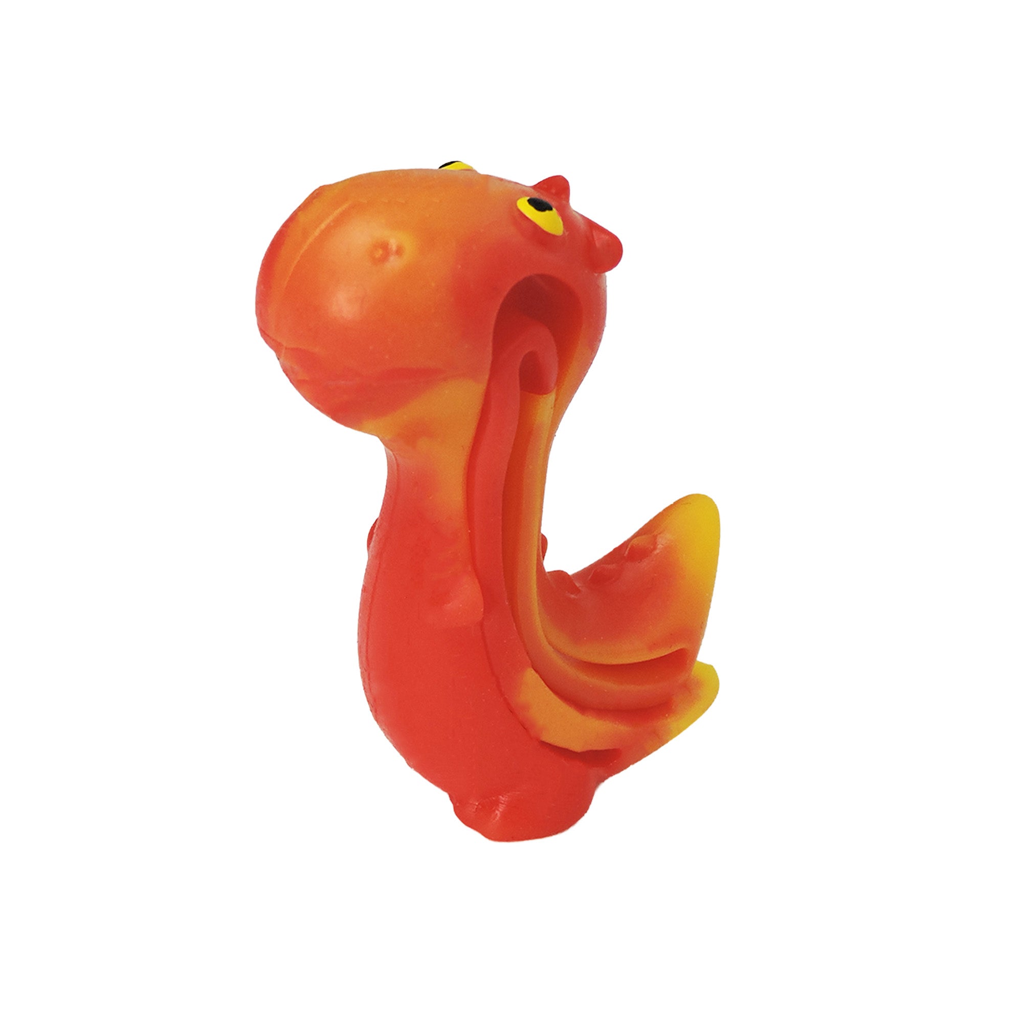The Sensory Lab Morph N' Bracelet by Sensory Lab is a small red and yellow rubber sensory toy shaped like a cartoon dinosaur with a round head, bulging eyes, and curled tail, standing upright on a white background.