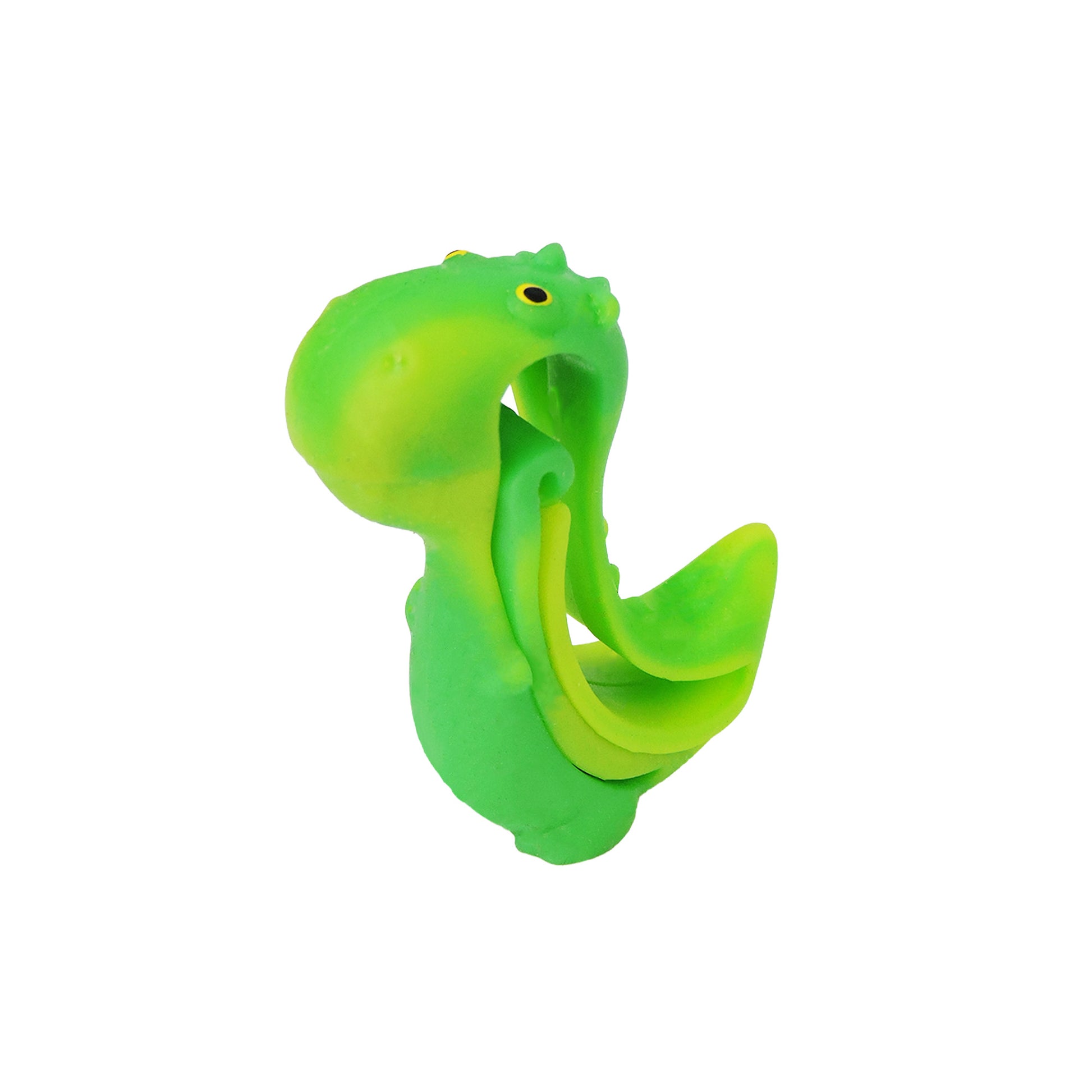 The Sensory Lab Morph N' Bracelet by Sensory Lab is a green plastic dinosaur-shaped sensory bath toy with yellow eyes and a looped tail, shown against a white background.