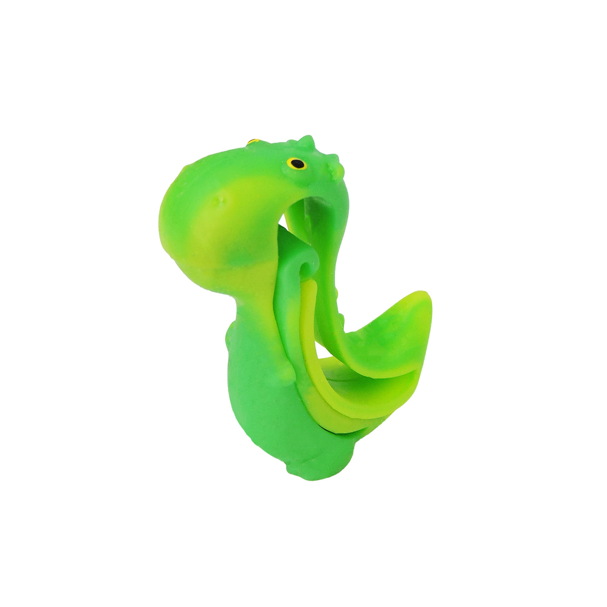 The Sensory Lab Morph N' Bracelet by Sensory Lab is a green plastic dinosaur-shaped sensory bath toy with yellow eyes and a looped tail, shown against a white background.