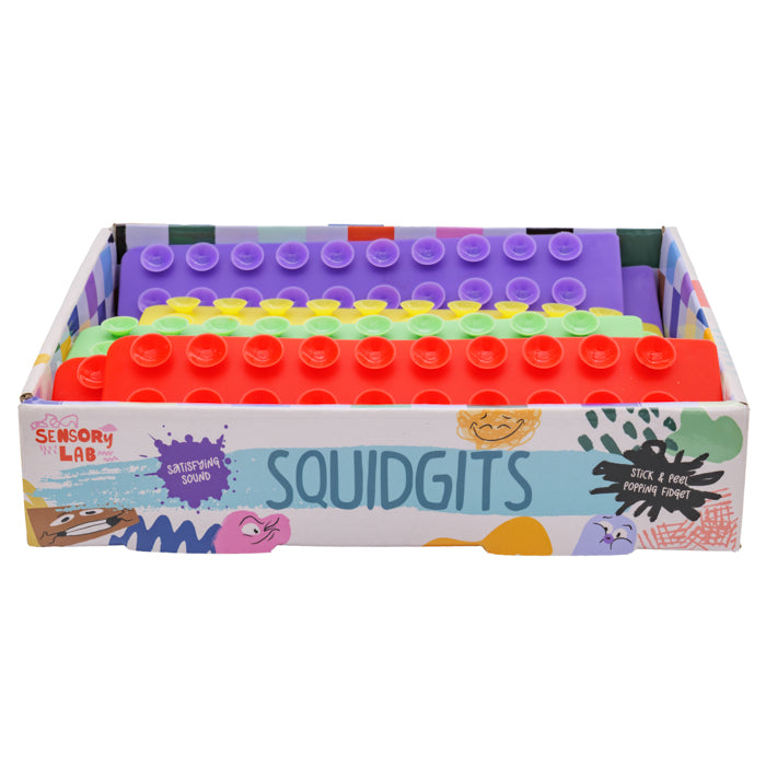 A Sensory Lab Squidgits display box holds colorful, rectangular sensory fidget toys with poppable bubbles. Featuring playful animal designs, it highlights squishy tactile feedback and stick & peel popping pockets from Sensory Lab.