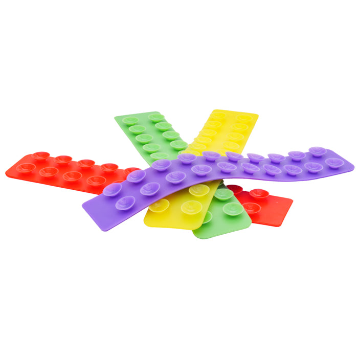 Sensory Lab Squidgits by Sensory Lab are five colorful silicone strips—red, green, yellow, purple, and blue—with raised bumps for tactile feedback, arranged in an overlapping fanned pattern.