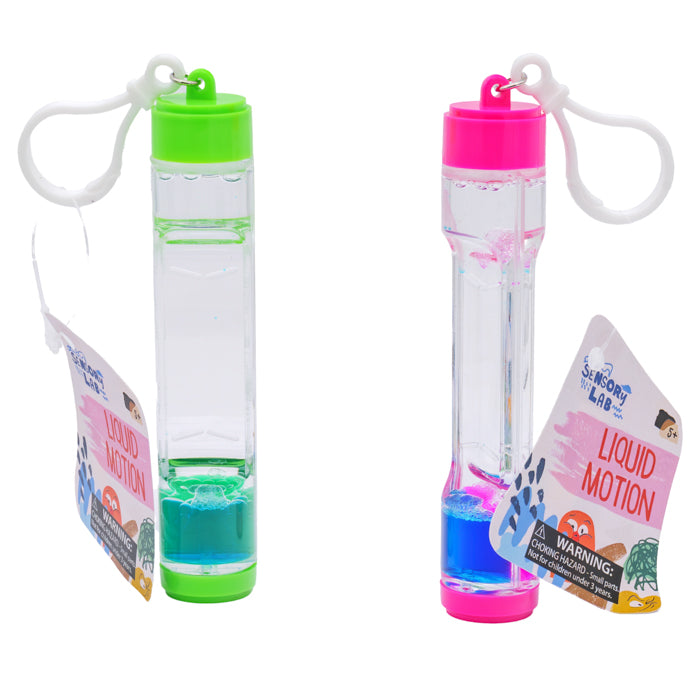The Sensory Lab Liquid Motion Assortment includes two calming cylindrical keychain toys—one green, one pink—each with colored liquid and a tag labeled "Liquid Motion" attached.