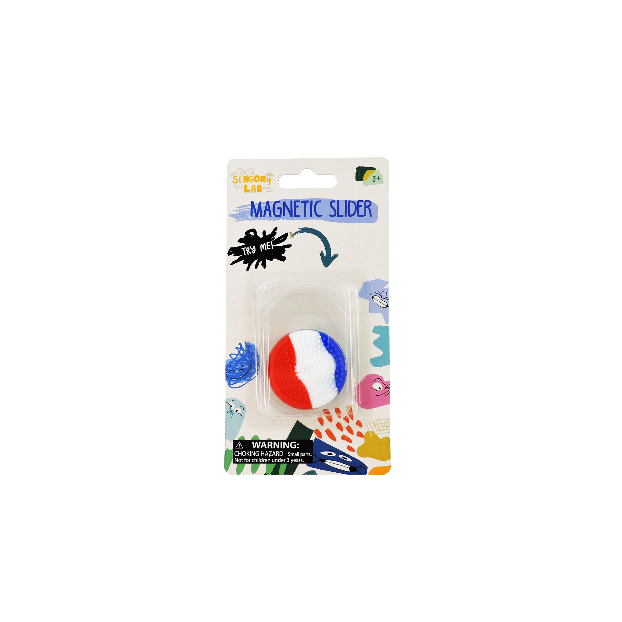 The Sensory Lab Magnetic Slider by Sensory Lab, in red, white, and blue, comes on a vibrant card with playful designs and "MAGNETIC SLIDER" at the top. Ideal for sensory play, this fidget includes a warning label on the bottom of the packaging.