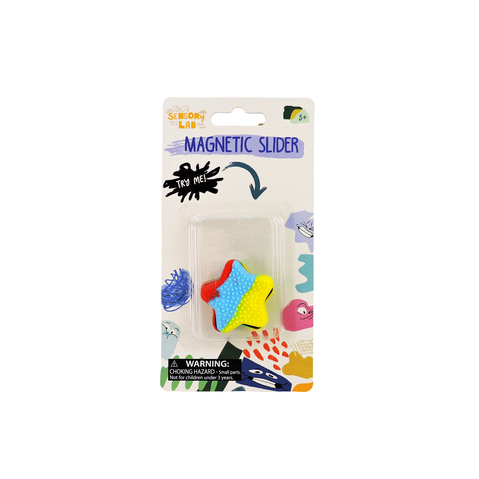 The Sensory Lab Magnetic Slider by Sensory Lab is a star-shaped fidget toy in red, yellow, and blue with white dots. Packaged with colorful designs and a choking hazard warning, it’s ideal for sensory play for ages 5 and up.