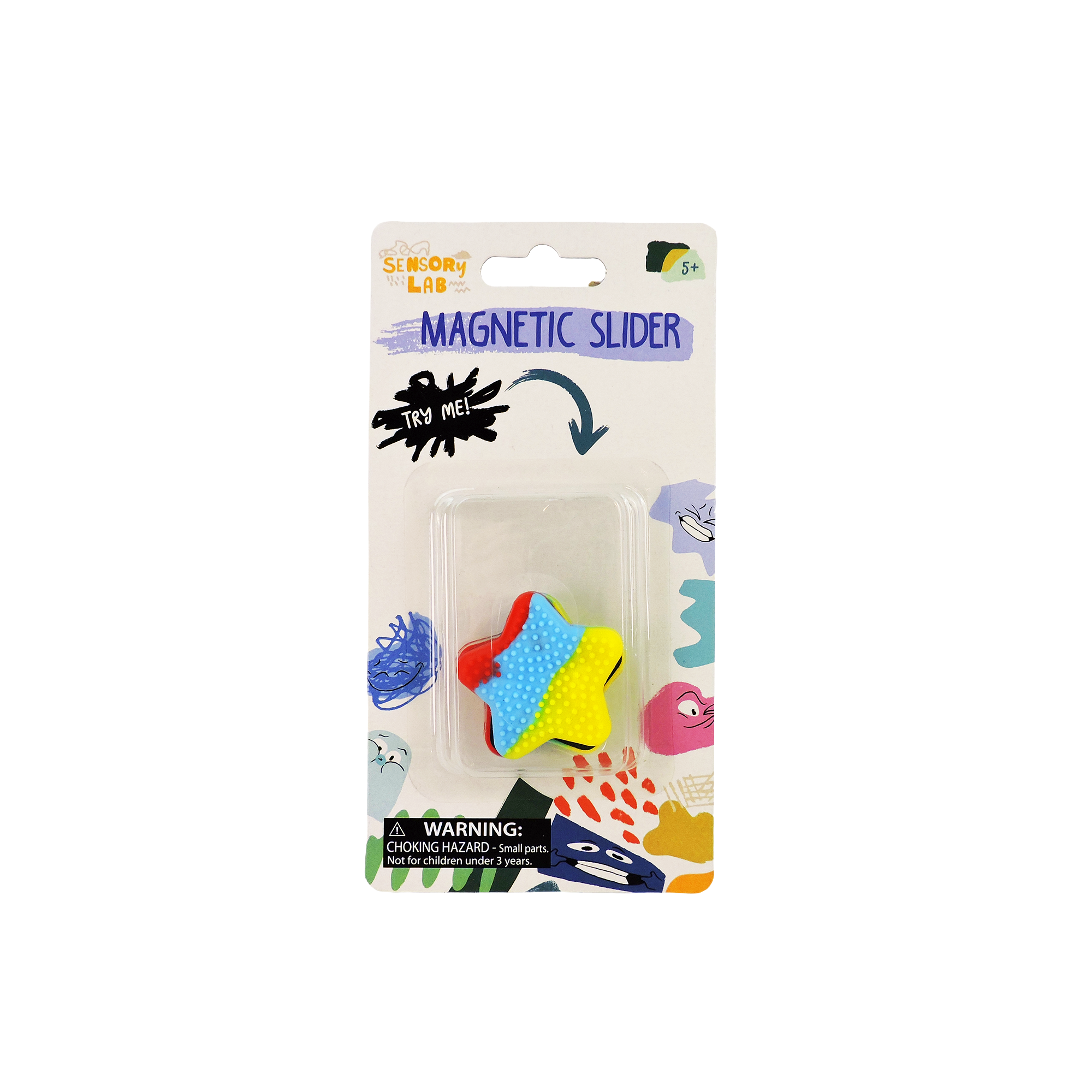 The Sensory Lab Magnetic Slider by Sensory Lab is a star-shaped fidget toy in red, yellow, and blue with white dots. Packaged with colorful designs and a choking hazard warning, it’s ideal for sensory play for ages 5 and up.
