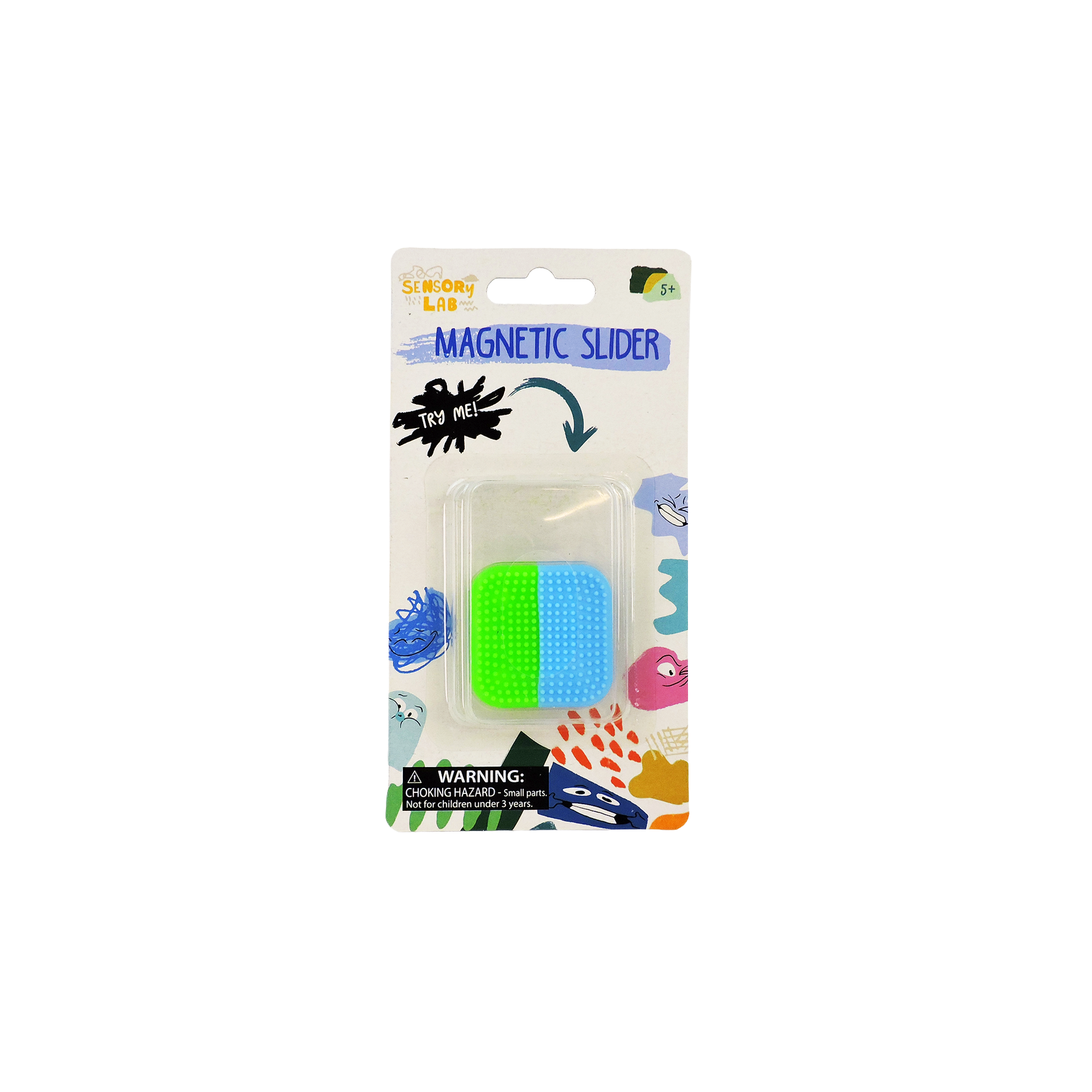 The Sensory Lab Magnetic Slider by Sensory Lab features two textured pieces (green and blue) on a white, doodle-decorated backing—ideal for magnetic fidget fun and sensory play. "MAGNETIC SLIDER" is written in bold blue letters.