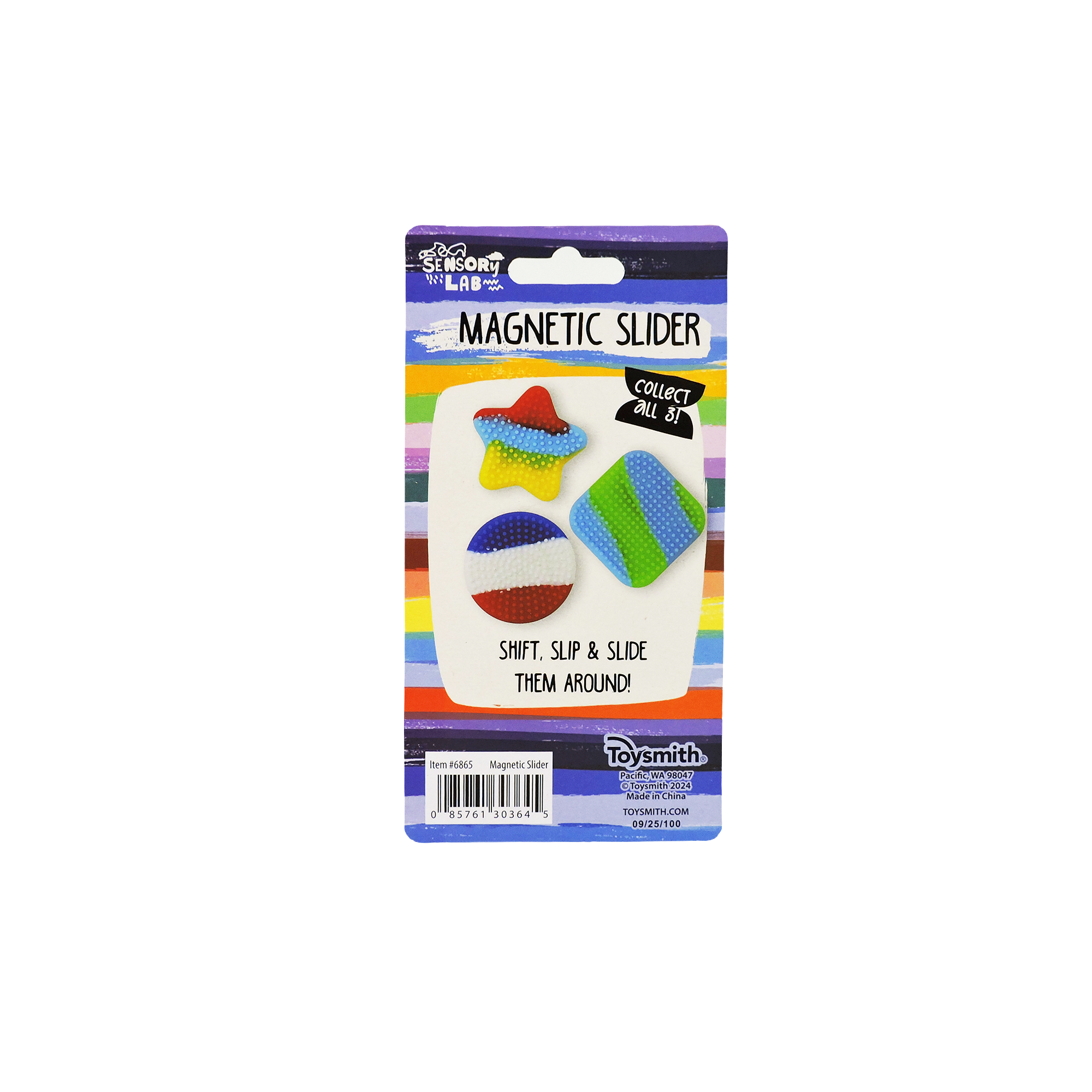 The Sensory Lab Magnetic Slider from Sensory Lab features three colorful, textured magnetic fidget shapes on a rainbow-striped background with the text "Shift, slip & slide them around!"—perfect for sensory play.