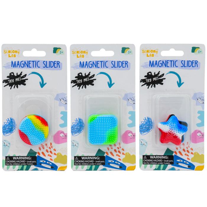 Three Sensory Lab Magnetic Sliders by Sensory Lab are shown: a round rainbow slider, a square blue-green slider, and a star-shaped red, blue, and white fidget toy. Packaging warns of choking hazards.