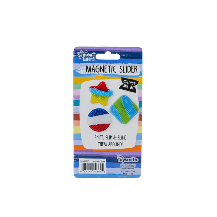 The Sensory Lab Magnetic Sliders by Sensory Lab feature two colorful, textured magnetic shapes—a star and a sphere—on a rainbow stripe background. Collect all three designs for engaging sensory play.