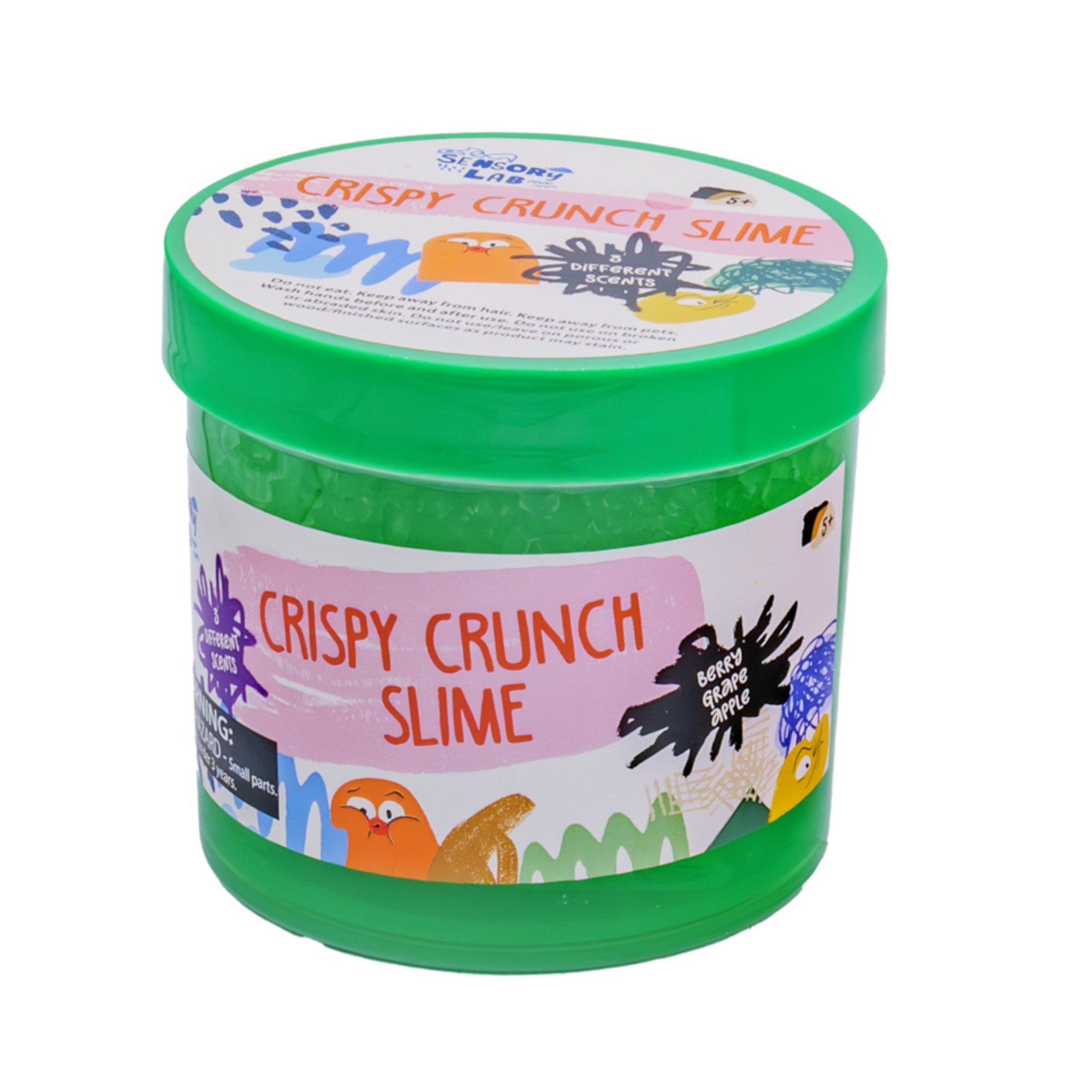 A vibrant green Sensory Lab Scented Crispy Crunch Slime comes in a playful, light green plastic container with colorful cartoon designs, featuring visible crunchy slime inside—perfect for a fun sensory experience.