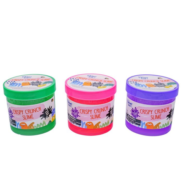 Three Sensory Lab Scented Crispy Crunch Slimes in green, pink, and purple, each with a matching lid and colorful label, are arranged side by side against a white background for a fun sensory experience.