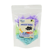 Sensory Lab Wrigglin Worms: A clear resealable bag of pastel squishy toys in purple, green, and blue by Sensory Lab. Includes a choking hazard warning for children under 3 years.