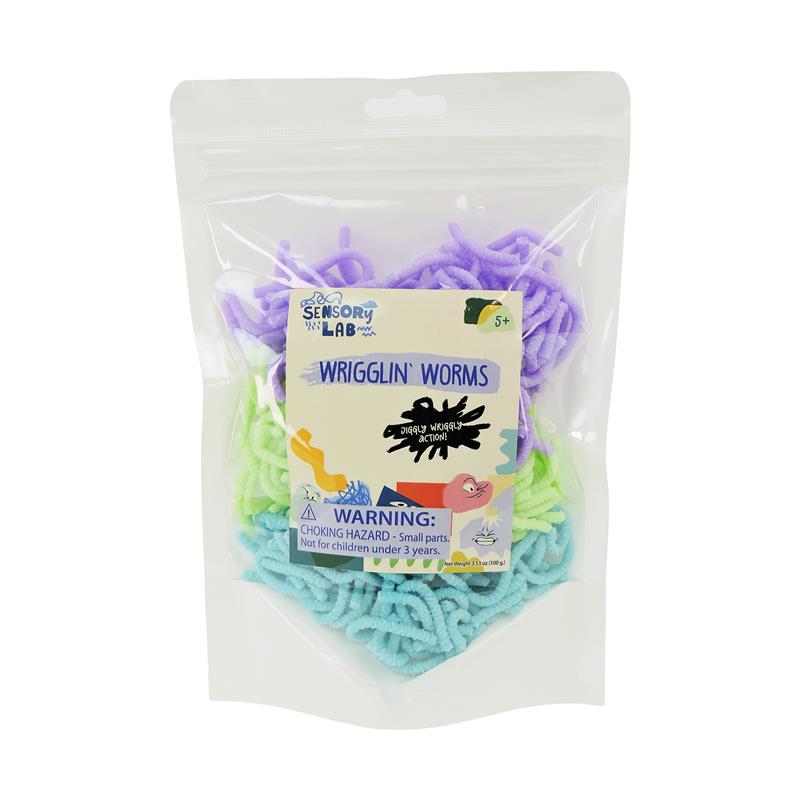 Sensory Lab Wrigglin Worms: A clear resealable bag of pastel squishy toys in purple, green, and blue by Sensory Lab. Includes a choking hazard warning for children under 3 years.