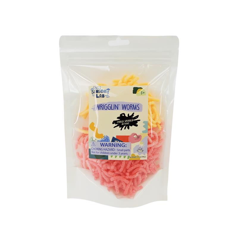 A clear resealable bag contains pink and yellow Sensory Lab Wrigglin Worms. The label warns of choking hazards for kids under 3. These squishy toys from Sensory Lab are perfect for playful sensory exploration.