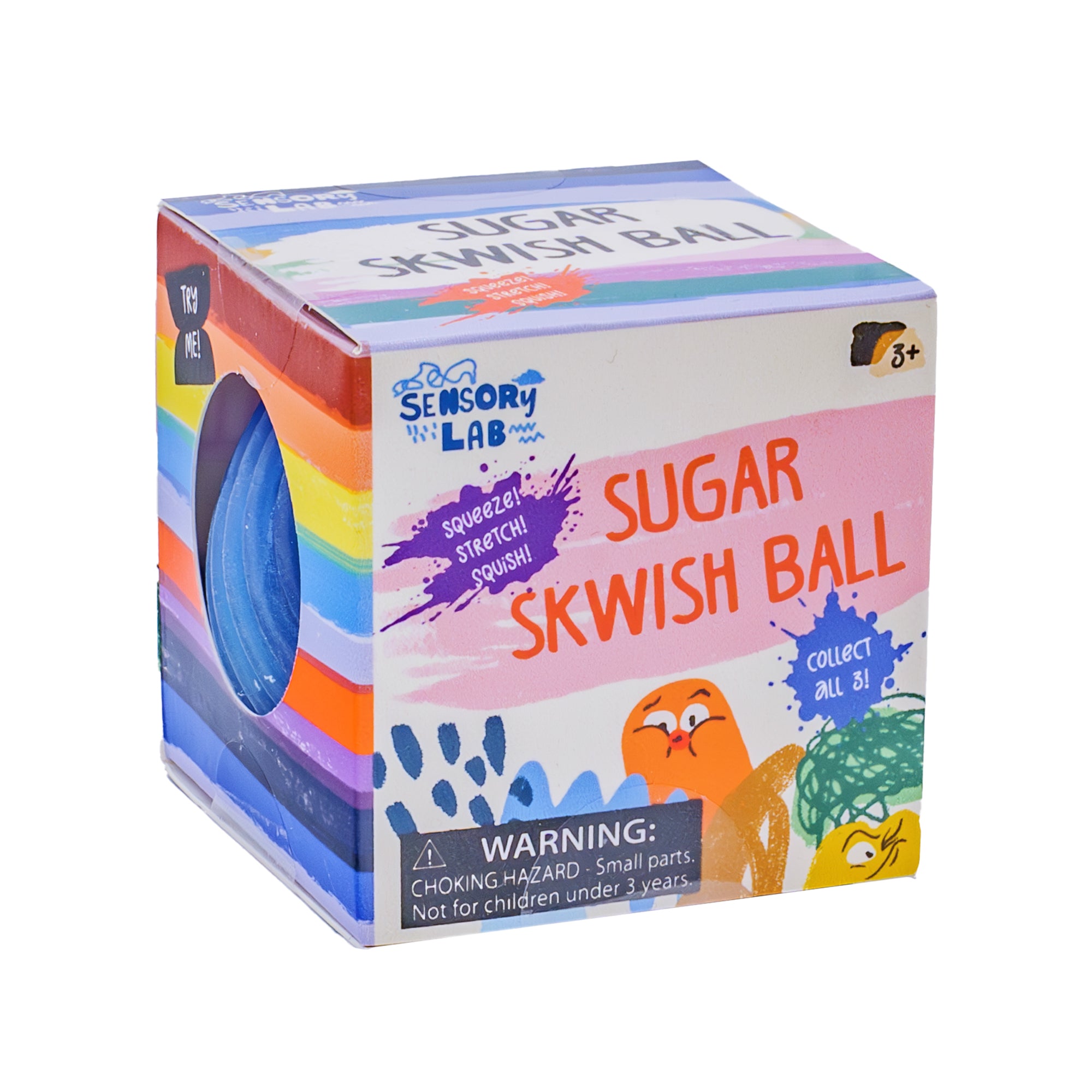 A colorful Sensory Lab Sugar Skwish Ball box displays a blue squishy ball inside, with rainbow stripes, cheerful animal illustrations, and a choking hazard warning on the packaging.