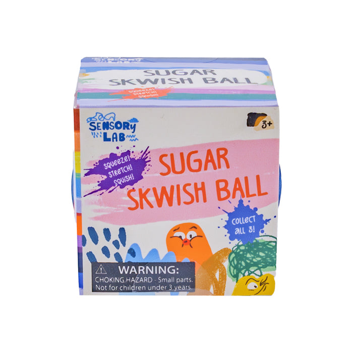 The Sensory Lab Sugar Skwish Balls by Sugar Skwisheez come in a colorful box with playful designs. Squeezable, stretchy, and squishy—great for sensory play and fidgeting. Warning: choking hazard; not for children under 3 years.