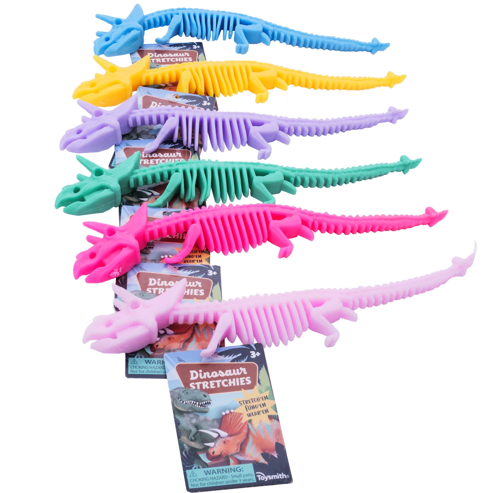Six Toysmith Colorful Dinosaur Stretchies, each a different dino type, are lined up diagonally. The stretchy dinosaurs come in random colors—yellow, blue, green, purple, pink, and light pink—from the Toysmith brand.
