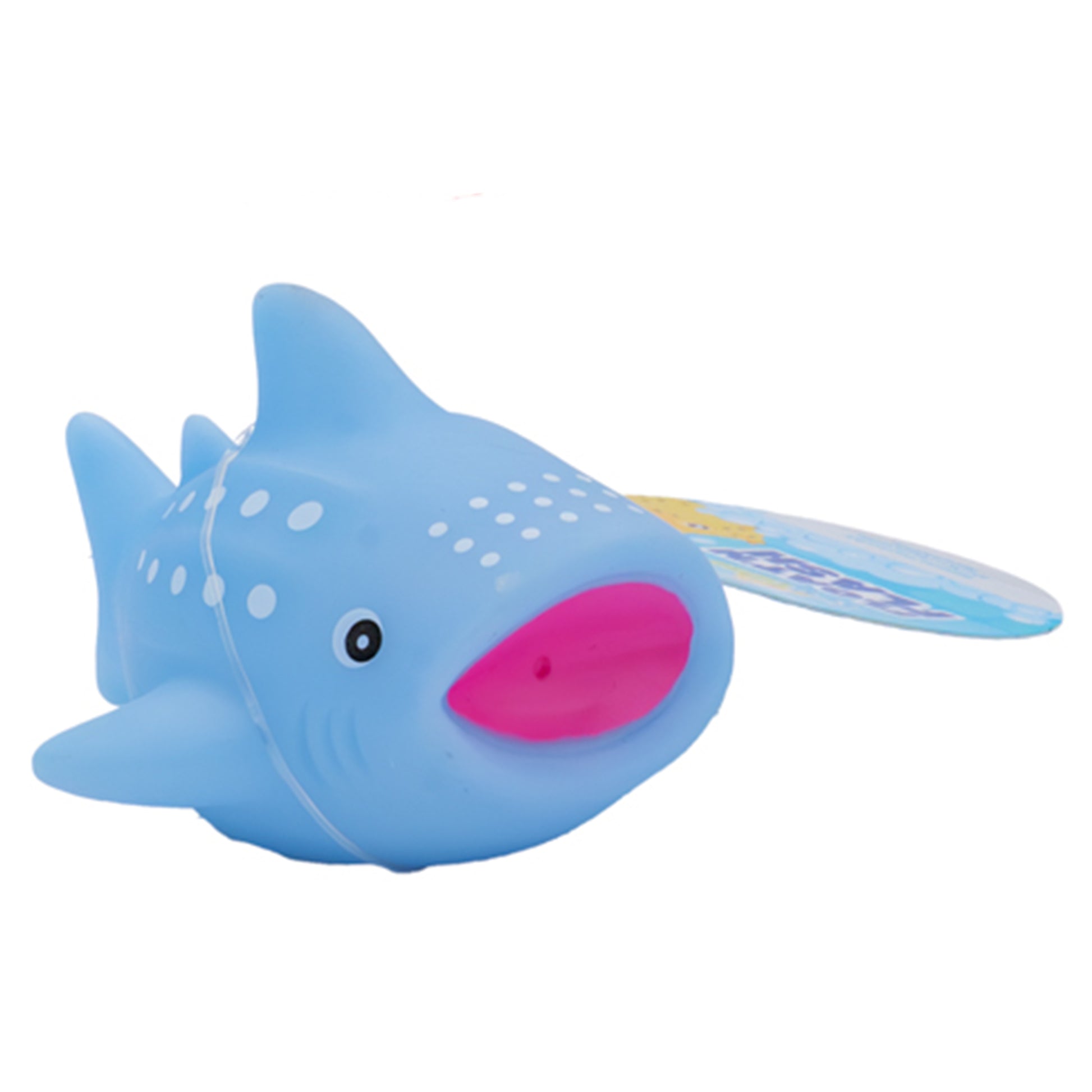 The Tub Time Float 'N Flash Bath Toy by Tub Time is a blue rubber cartoon whale shark with white spots, small fins, and a large pink mouth, designed to float in the bath.