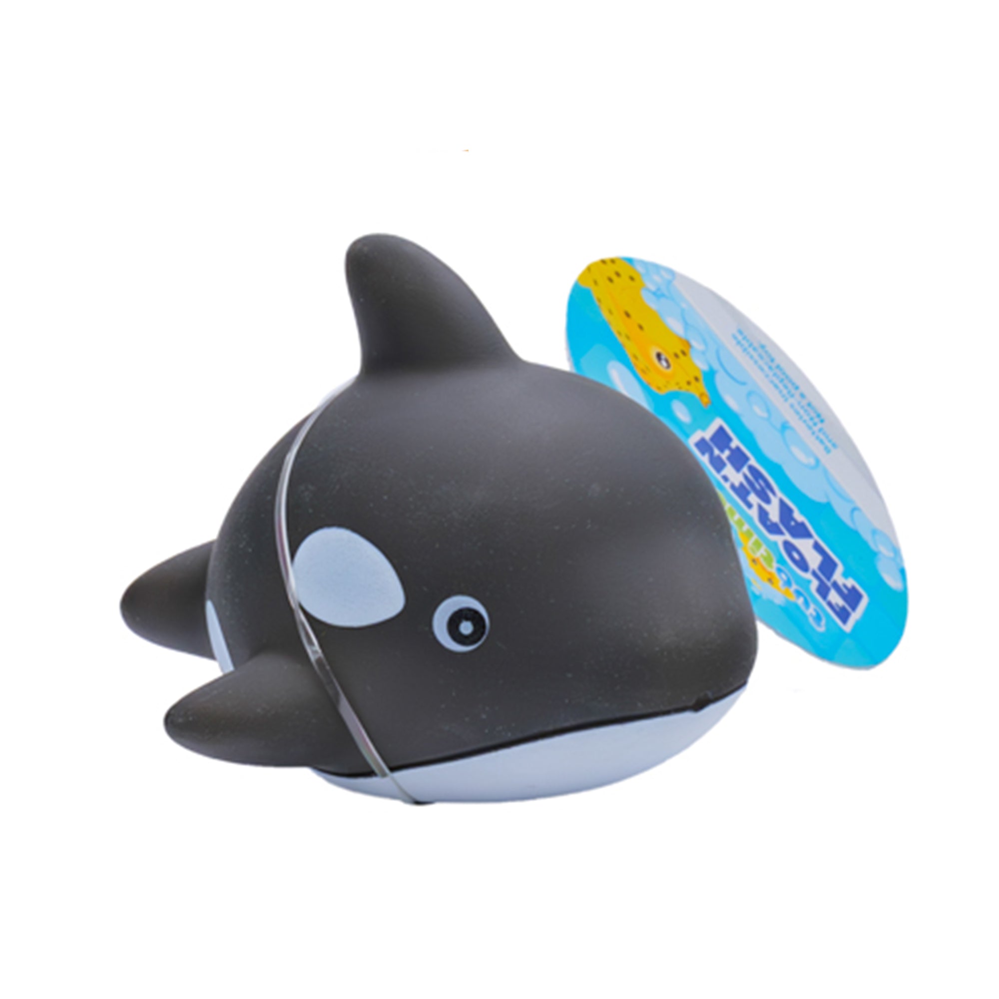 The Tub Time Float 'N Flash Bath Toy by Tub Time is a black and white orca with a round body, white belly, cute face, and comes attached to a blue and yellow product tag.