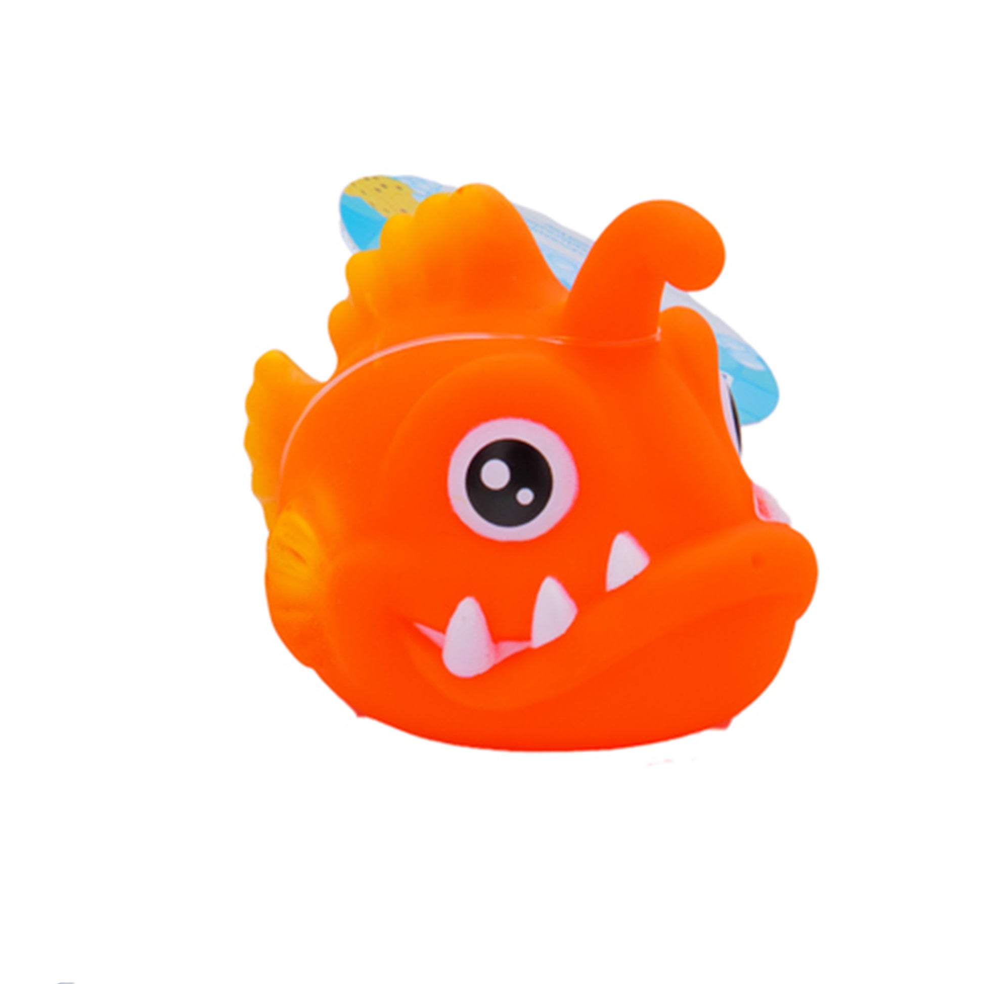 The Tub Time Float 'N Flash Bath Toy by Tub Time is a bright orange, cartoon-style floating fish with big round eyes, white sharp teeth, and a fin on its head, set against a plain white background.