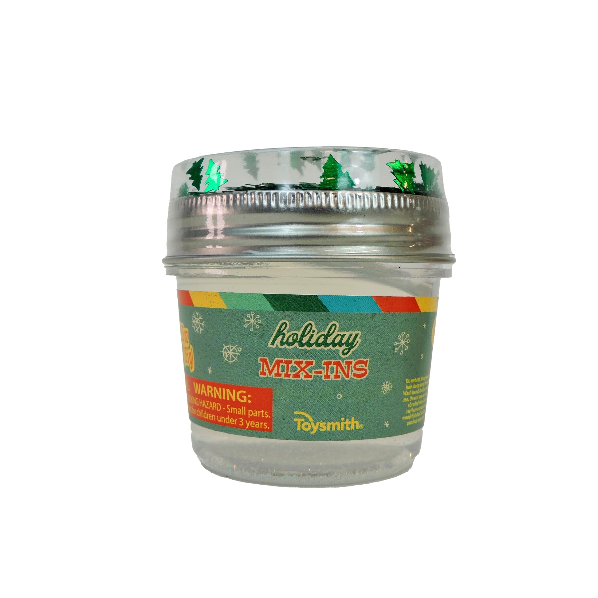 A small clear plastic container labeled Toysmith Holiday Mix In Slime, decorated with green trees and snowflakes. The transparent top reveals festive sparkly mix-ins—perfect for holiday slime kits or sensory play.