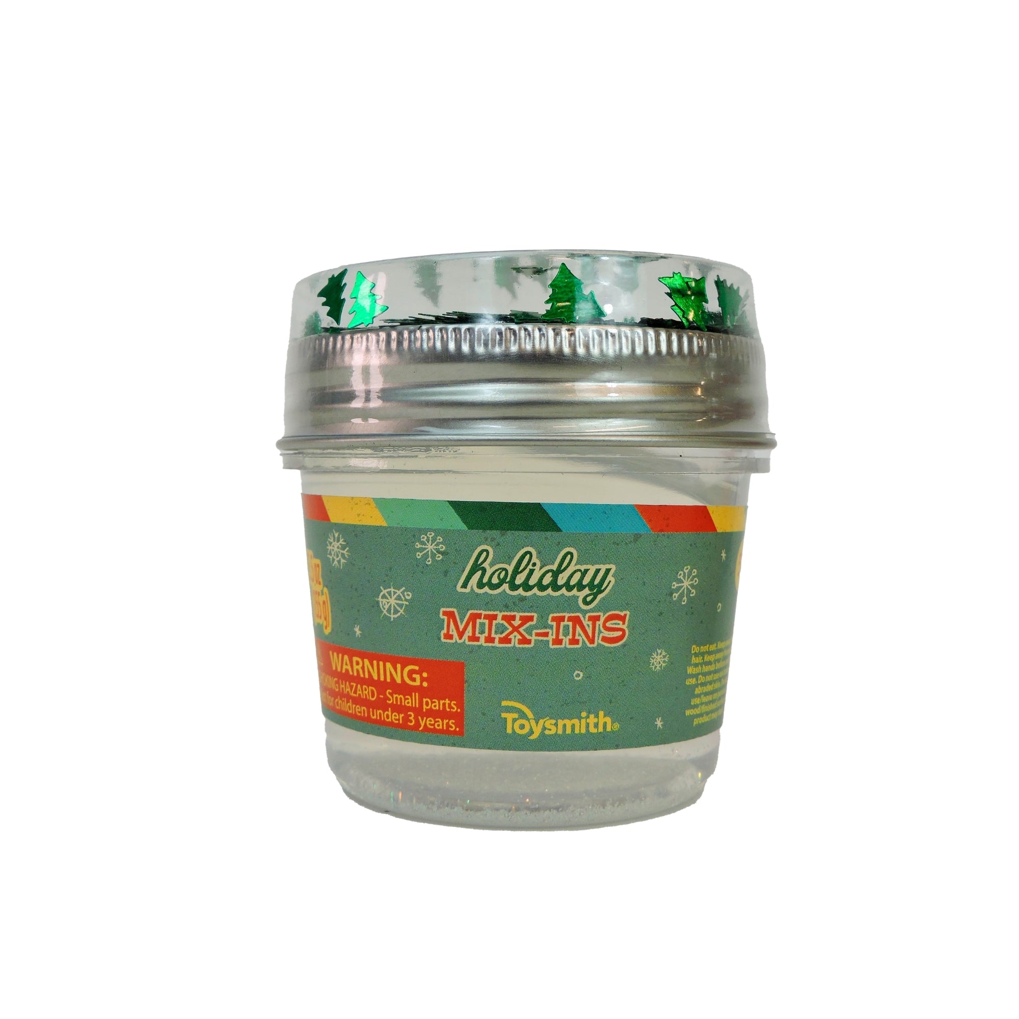 A small clear plastic container labeled Toysmith Holiday Mix In Slime, decorated with green trees and snowflakes. The transparent top reveals festive sparkly mix-ins—perfect for holiday slime kits or sensory play.