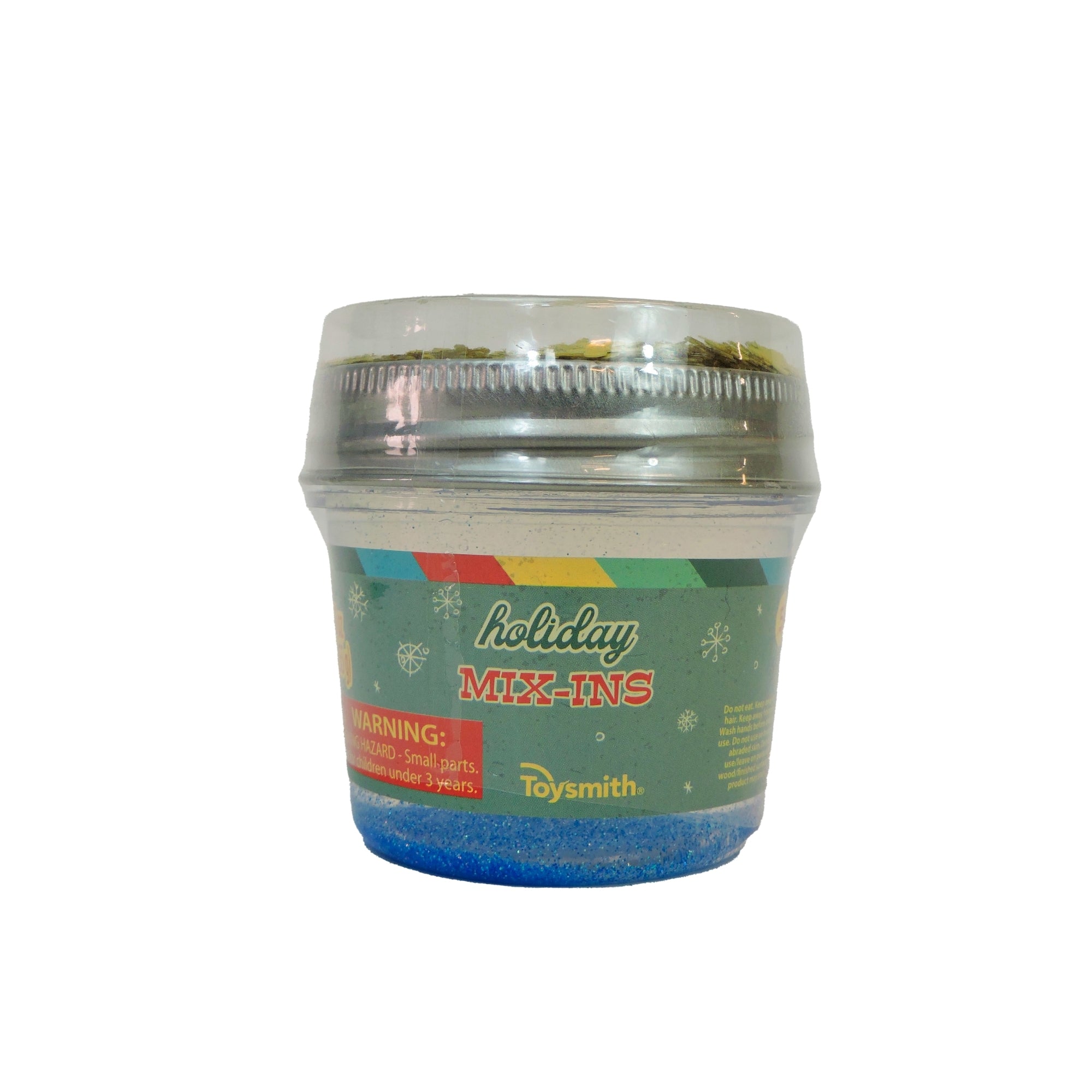 Toysmith Holiday Mix In Slime comes in a clear plastic blue-based container with a multi-colored holiday-themed label and a small parts warning—perfect for festive slime sensory activities.