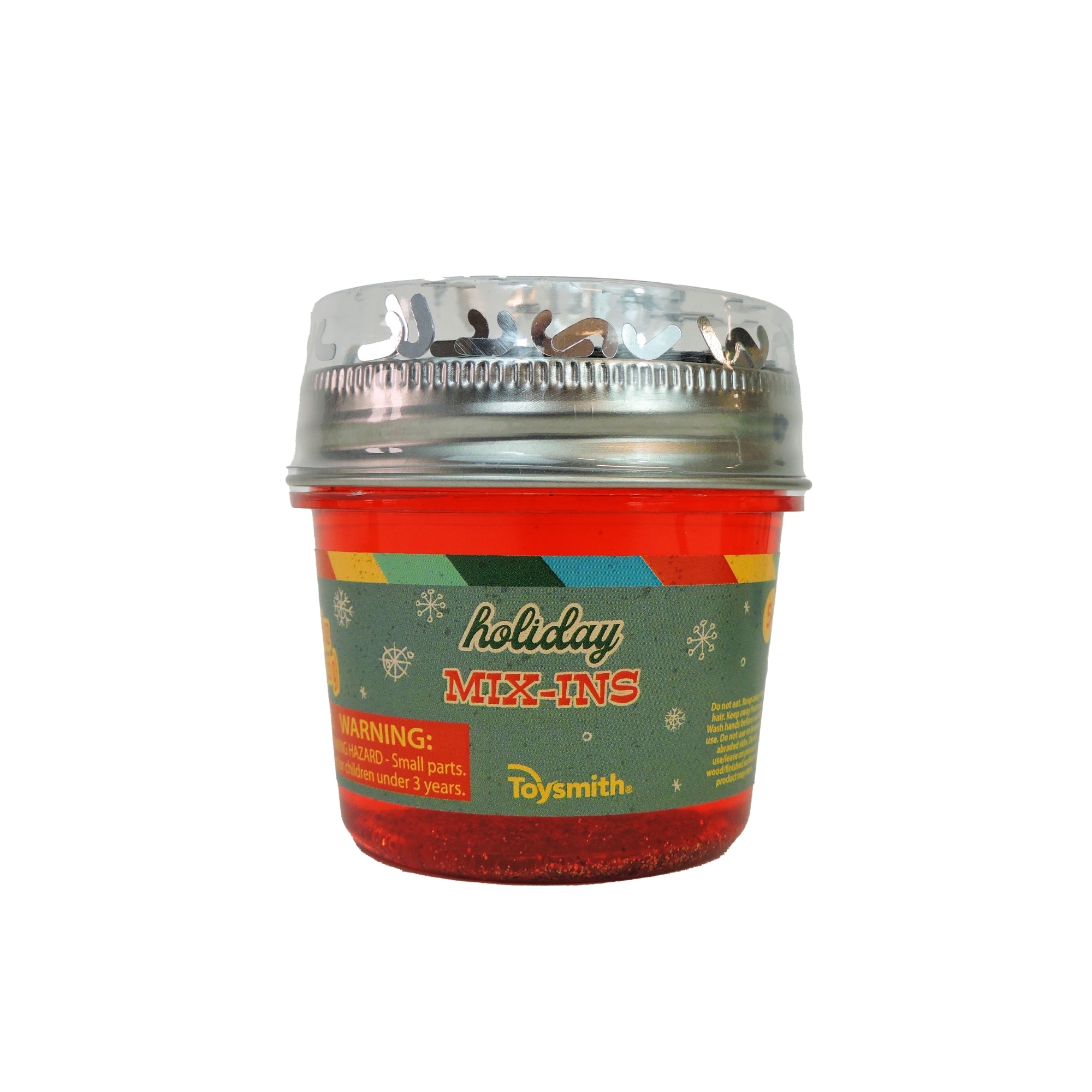 Toysmith Holiday Mix In Slime comes in a clear plastic container with a silver lid, festive snowflake label, and red glittery slime inside. Includes a warning about small parts for children under 3—perfect for sensory holiday fun.