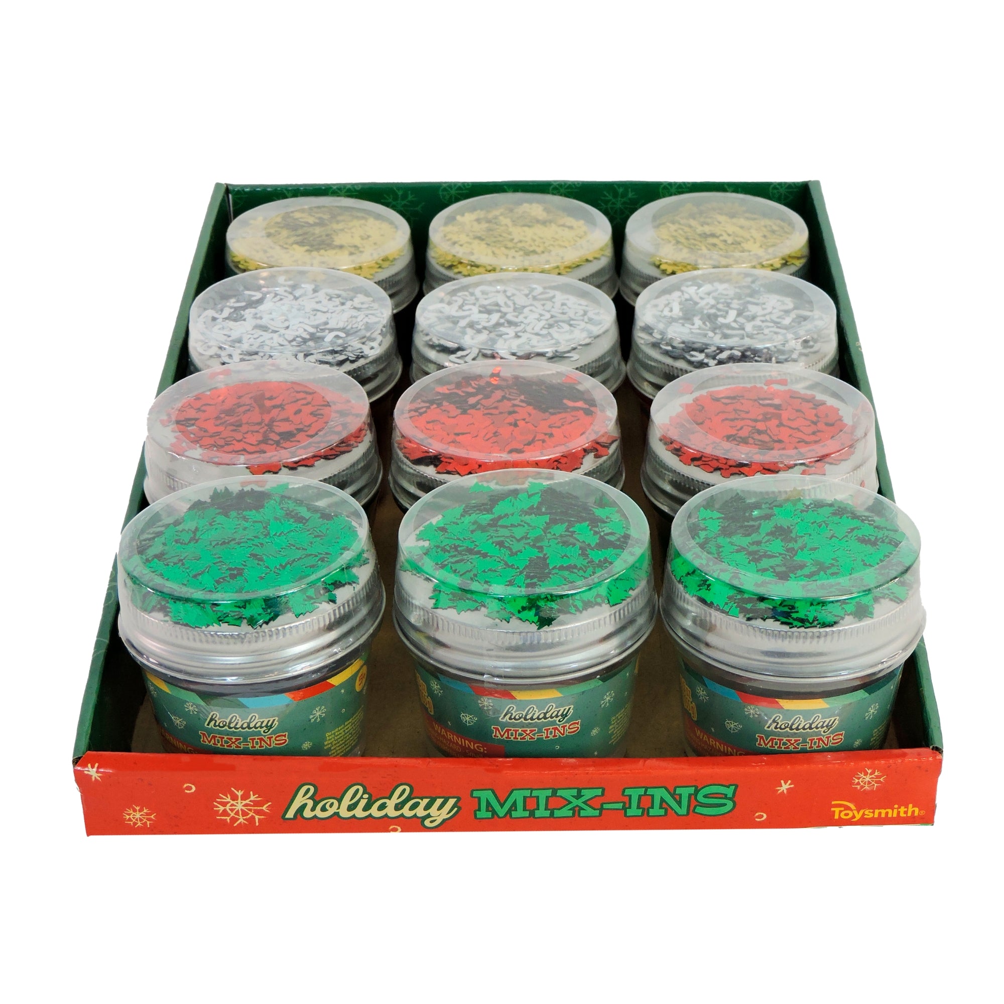 Box of Holiday Mix-Ins with various colored containers on a white background