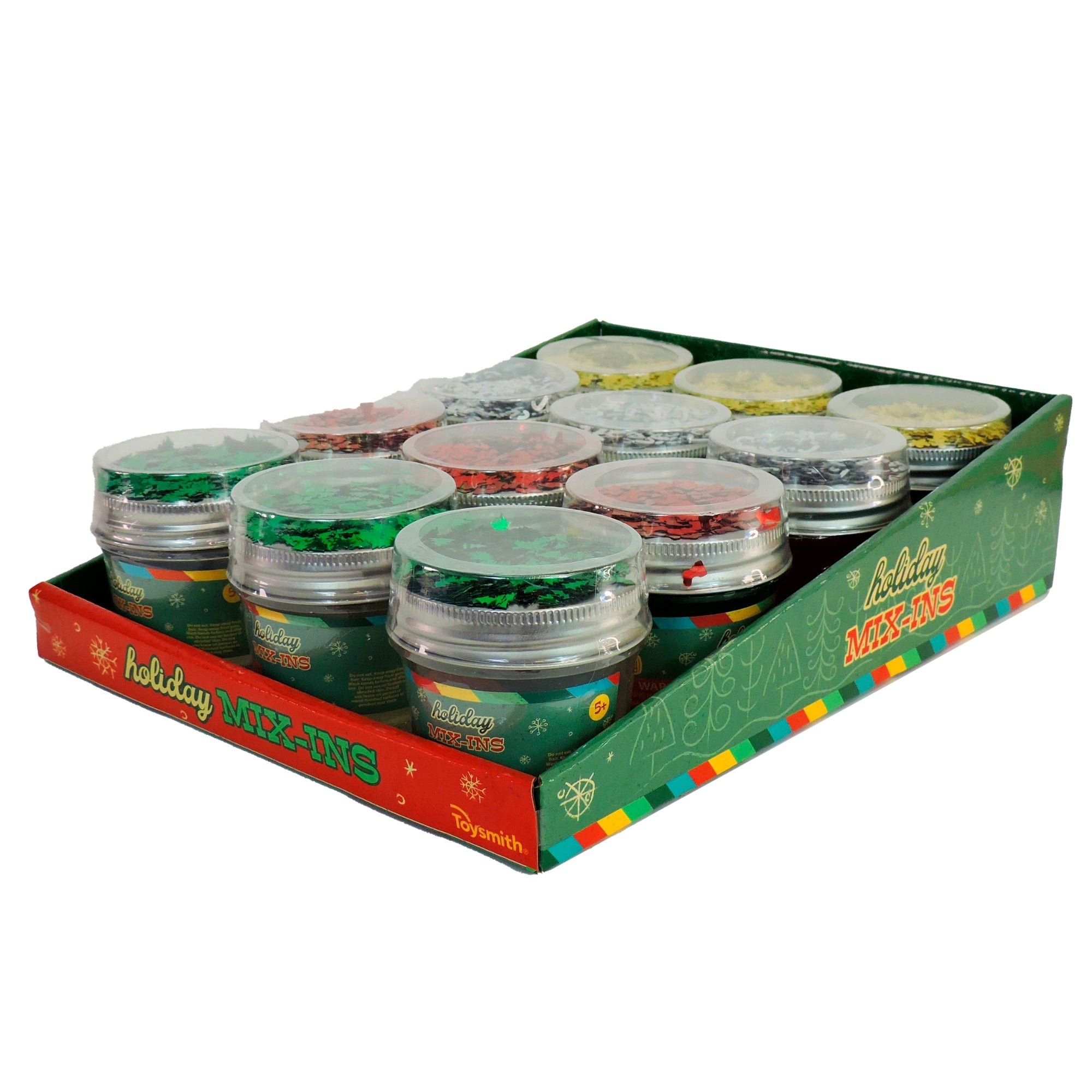 Box of holiday slime with various glitters on a white background